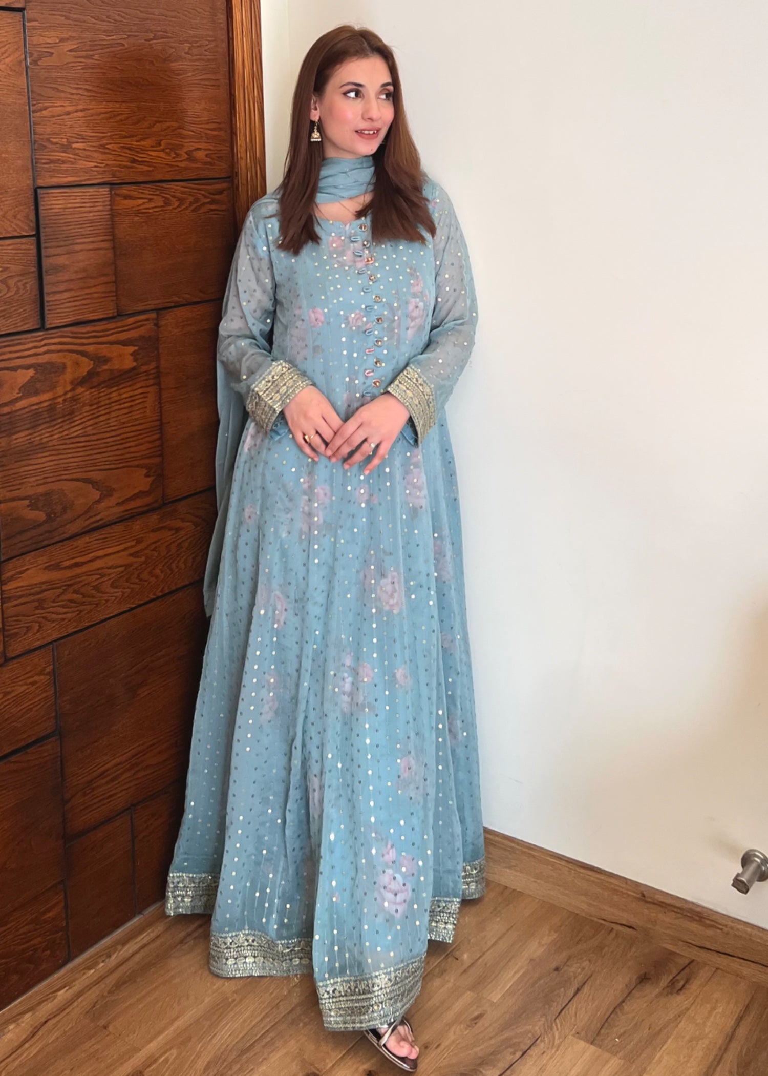 chiffon Pishwas in Ice blue
