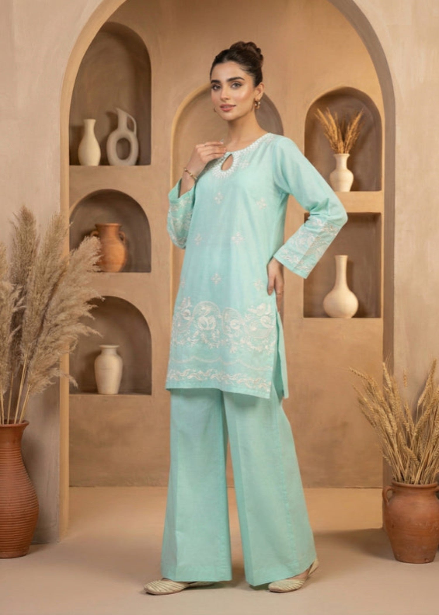 cotton dobby Kurta Set in Aquamarine