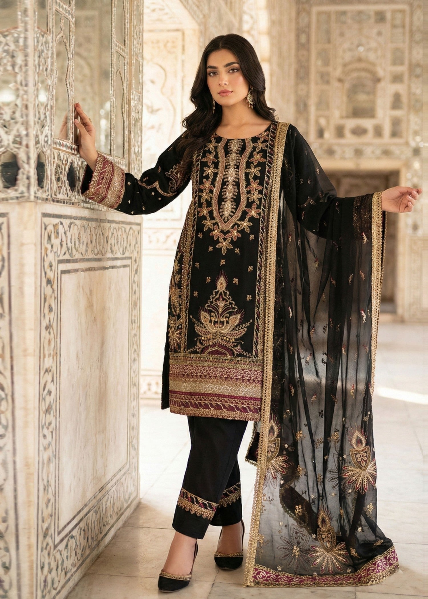 organza Kurta Set in Black