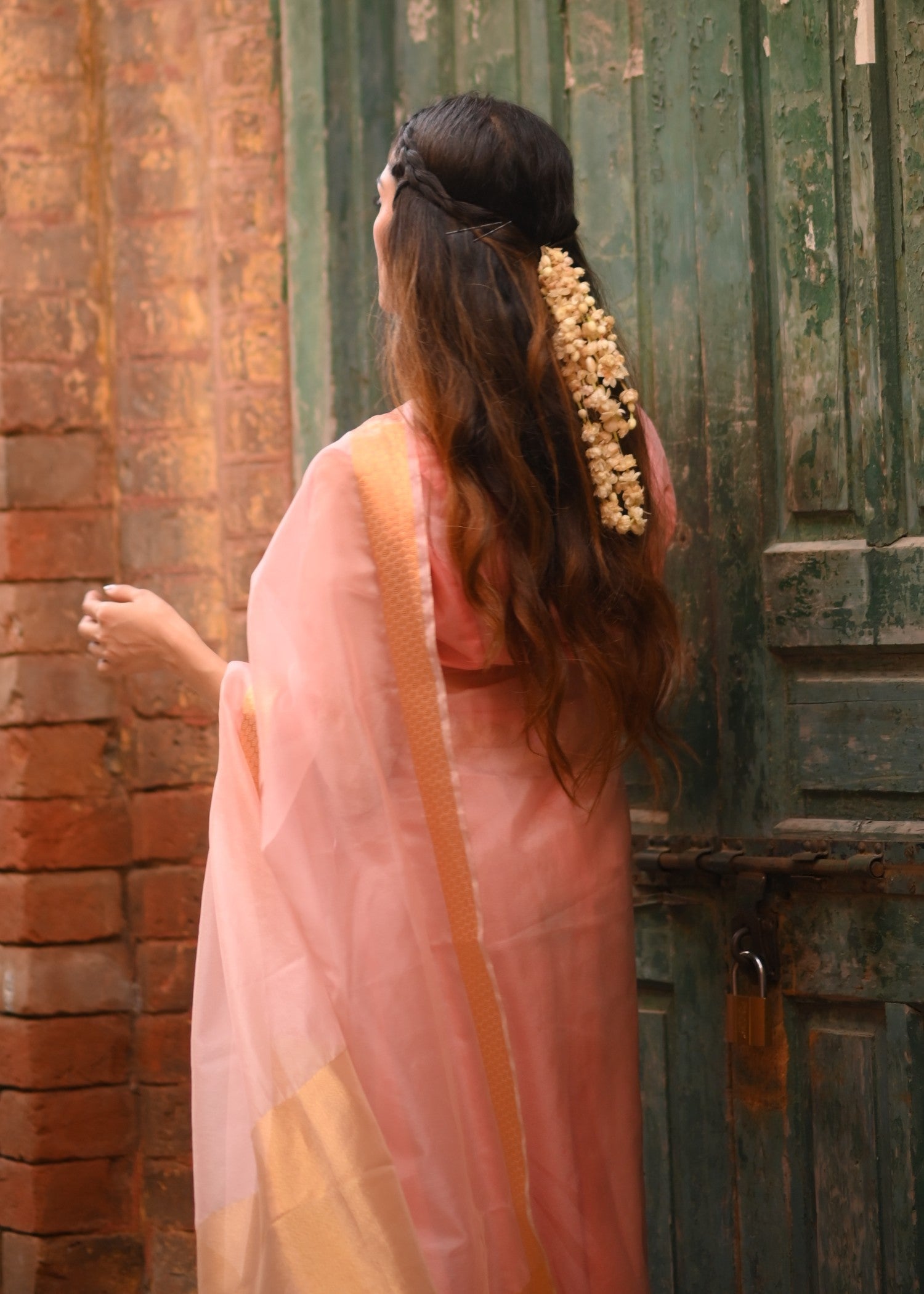 zari organza Saree in Blush pink