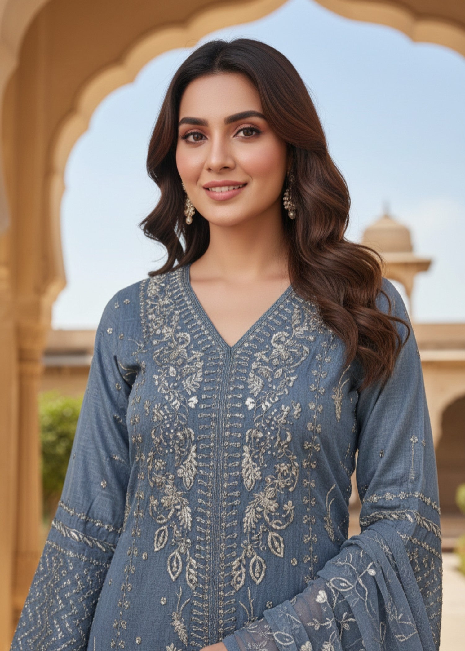 organza net Kurta Set in Steel blue