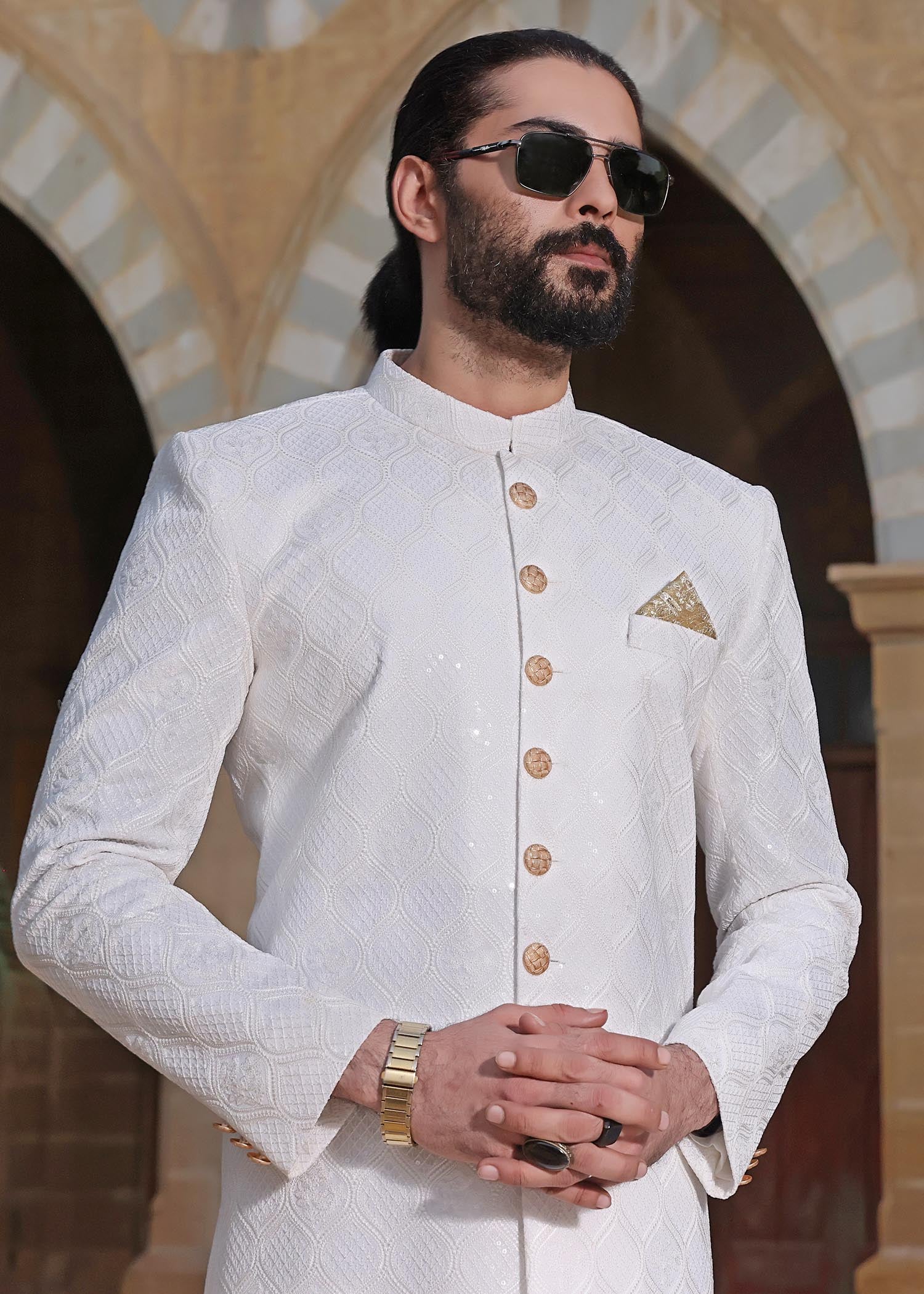 banarsi silk Sherwani in White