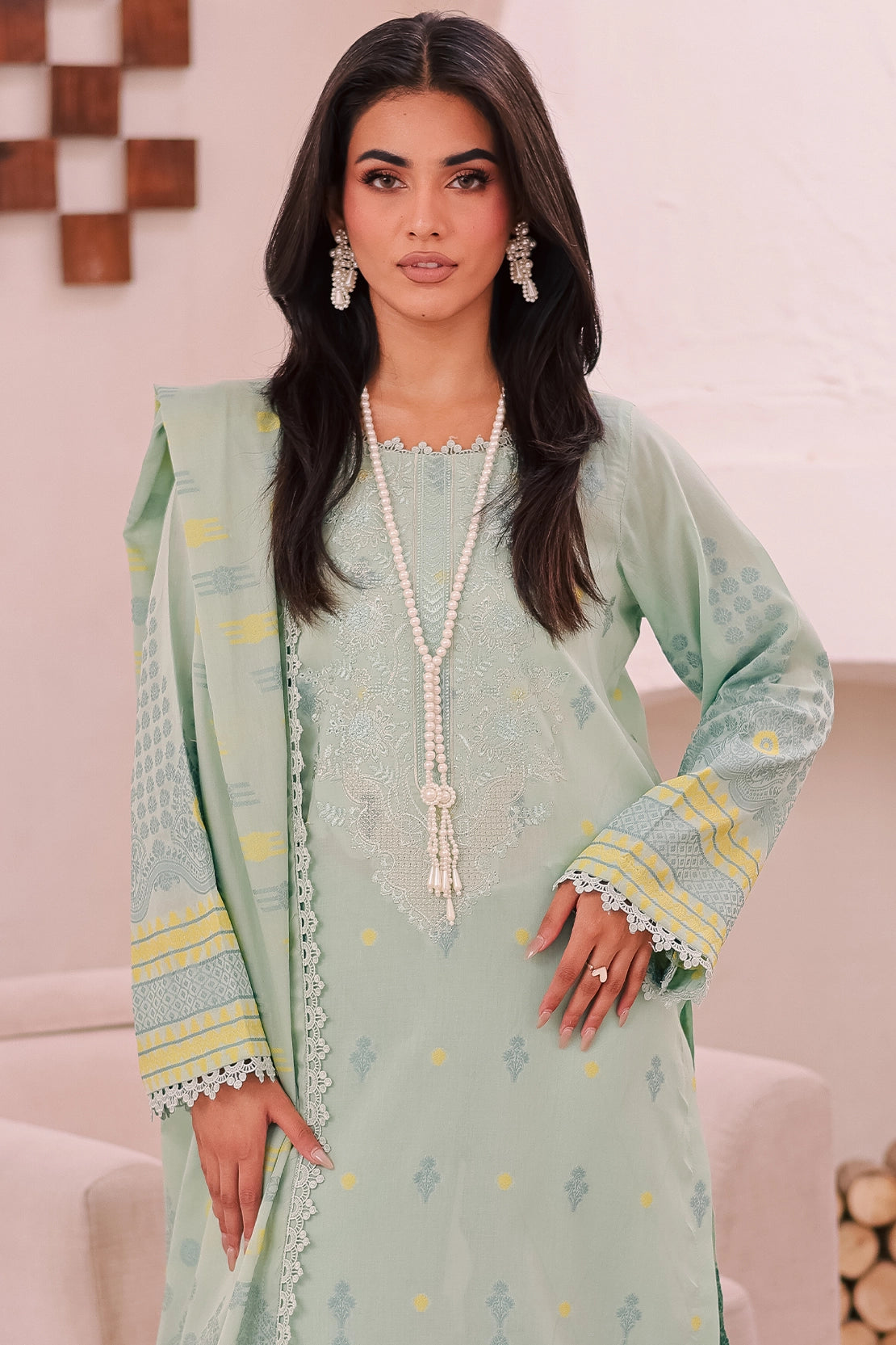 zari cotton Unstitched in Pastel green