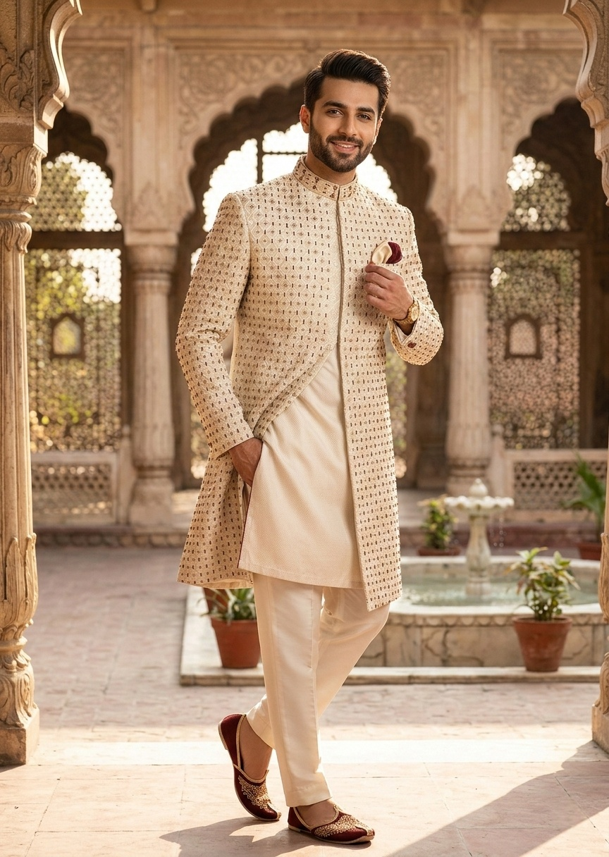 silk Sherwani in Ivory