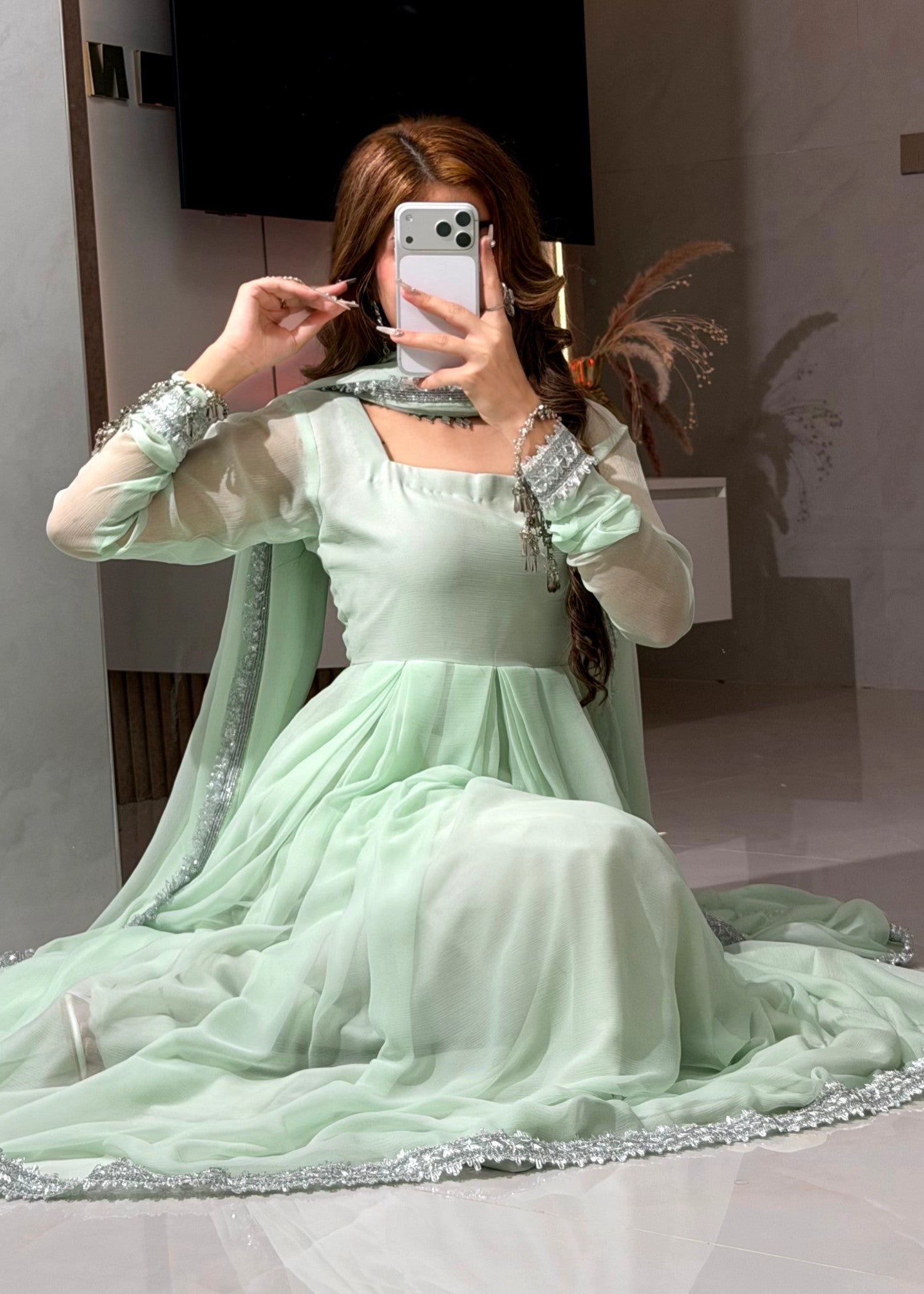 bemberg crinkle chiffon Maxi in Tea green