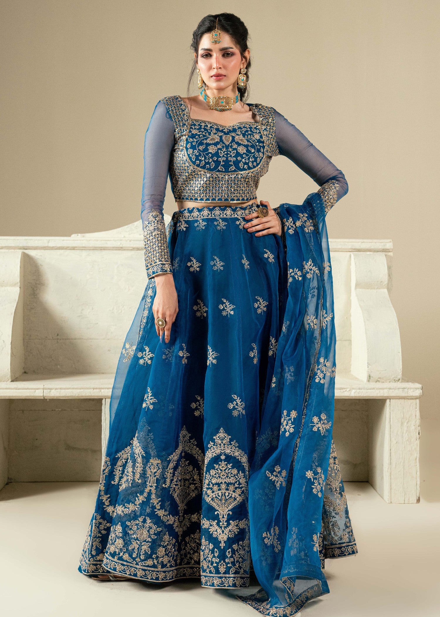 organza Lehenga in Sapphire blue