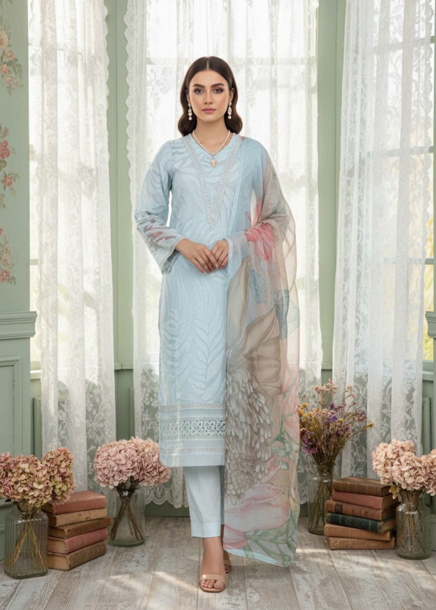 jacquard organza Kurta Set in Light blue