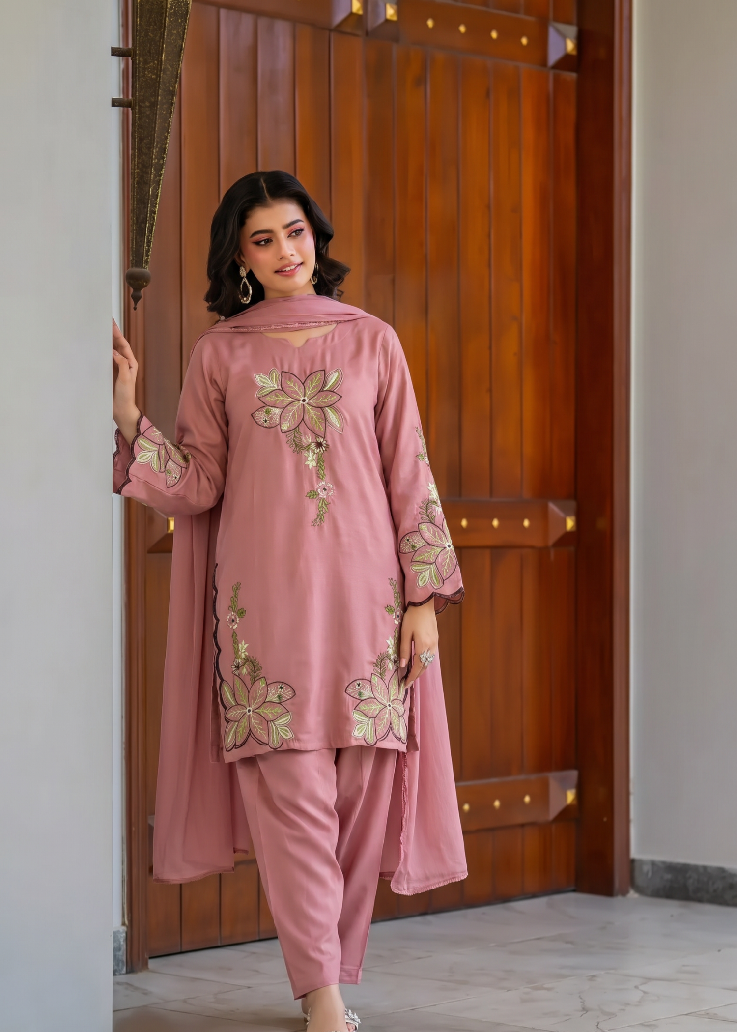 linen Kurta Set in Rose pink