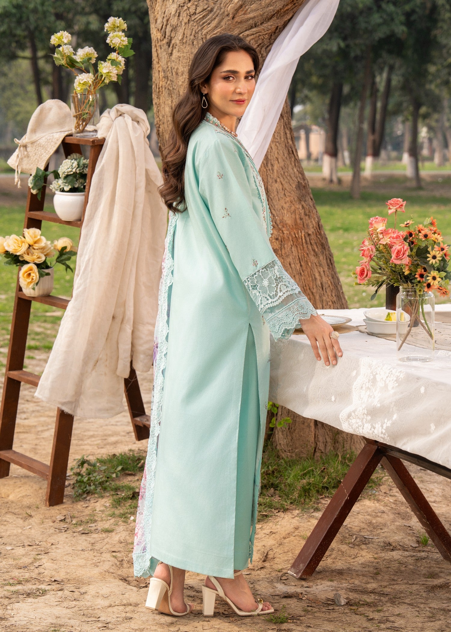 lawn Kurta Set in Light cyan
