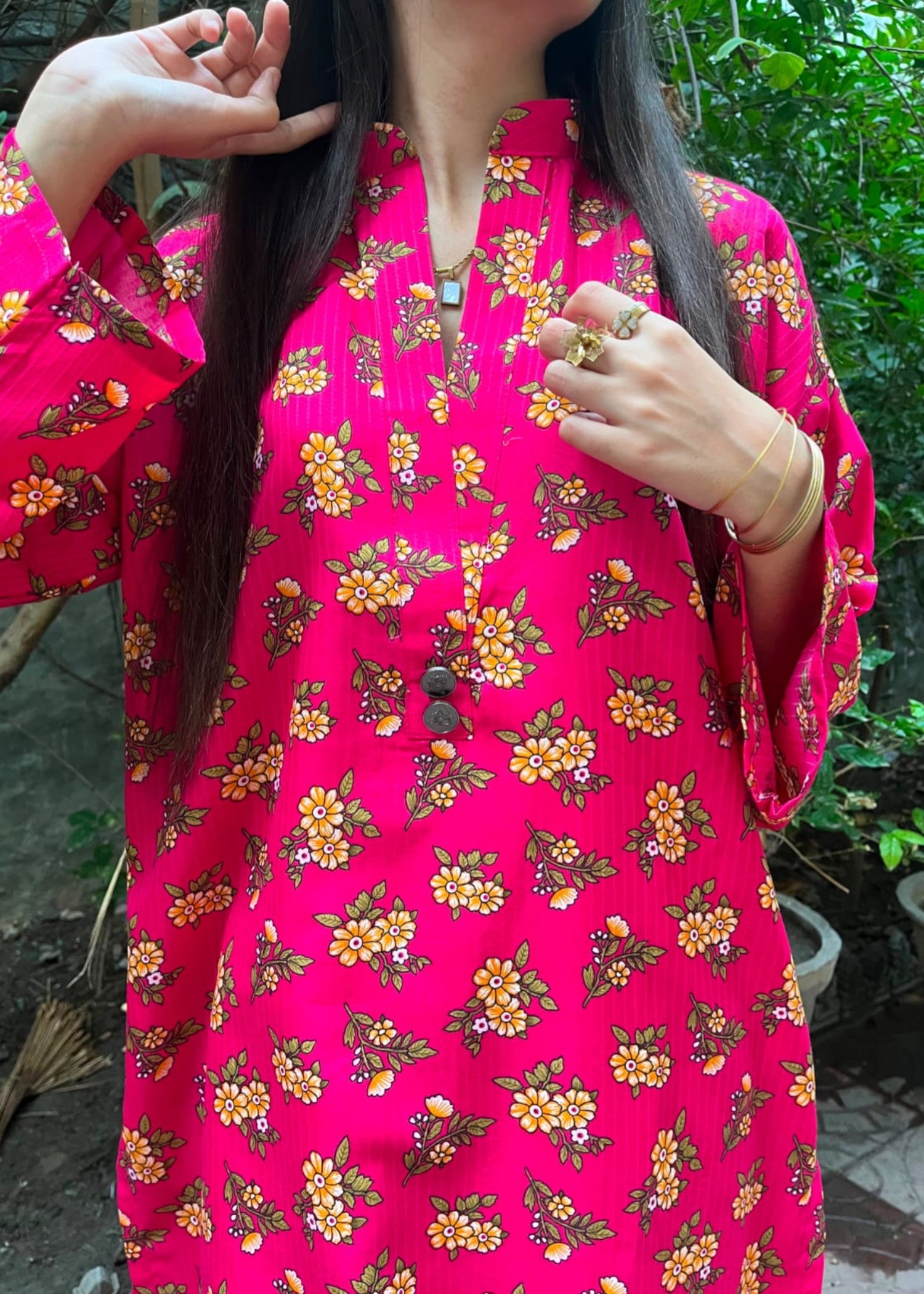 leno kara cotton Kurta Set in Deep pink