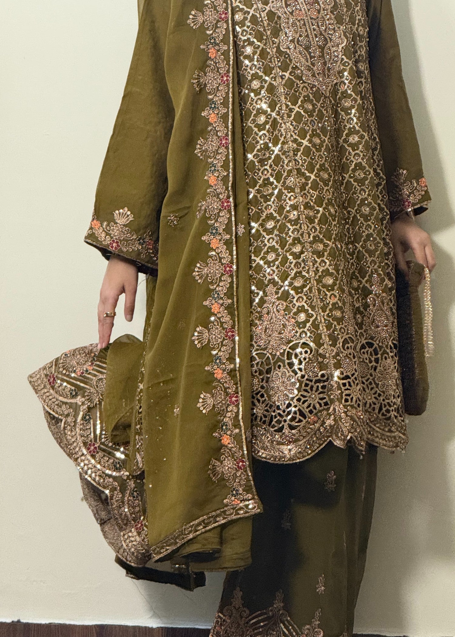 chiffon Short Frock in Olive green