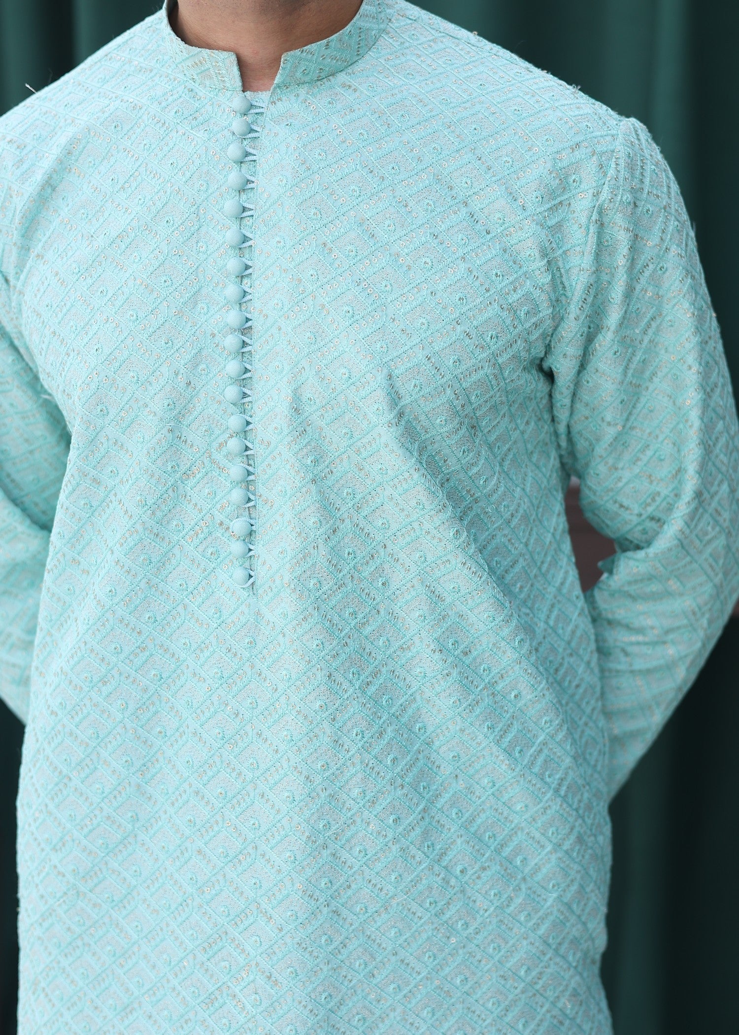 raw silk Kurta Set in Aquamarine
