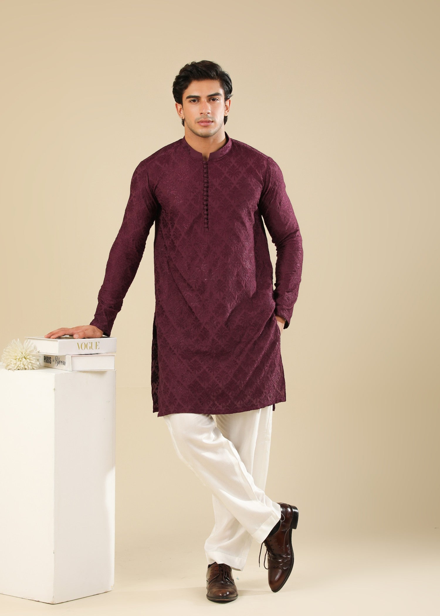 raw silk Kurta Set in Maroon, white