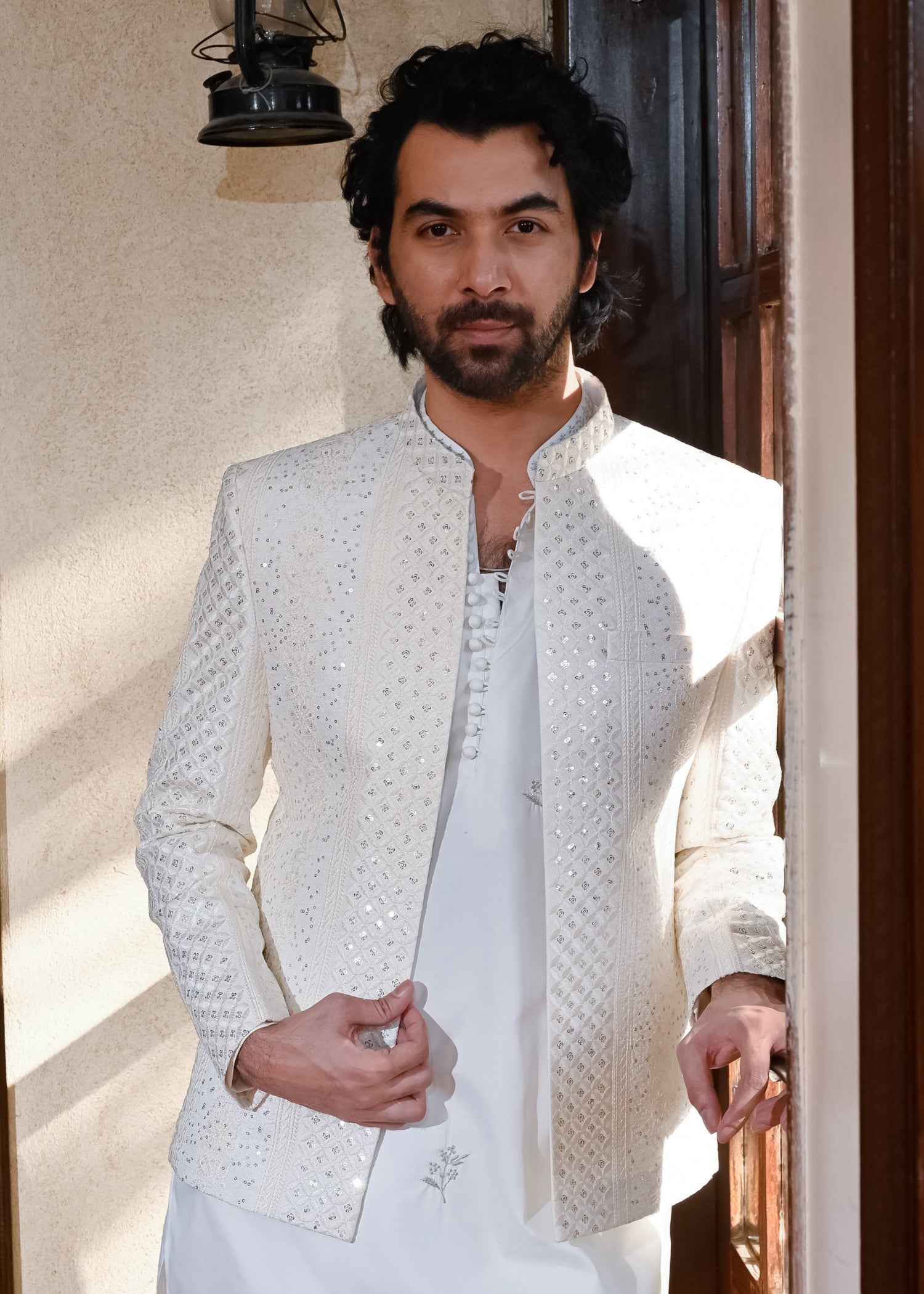 raw silk Prince Coat in Off-white