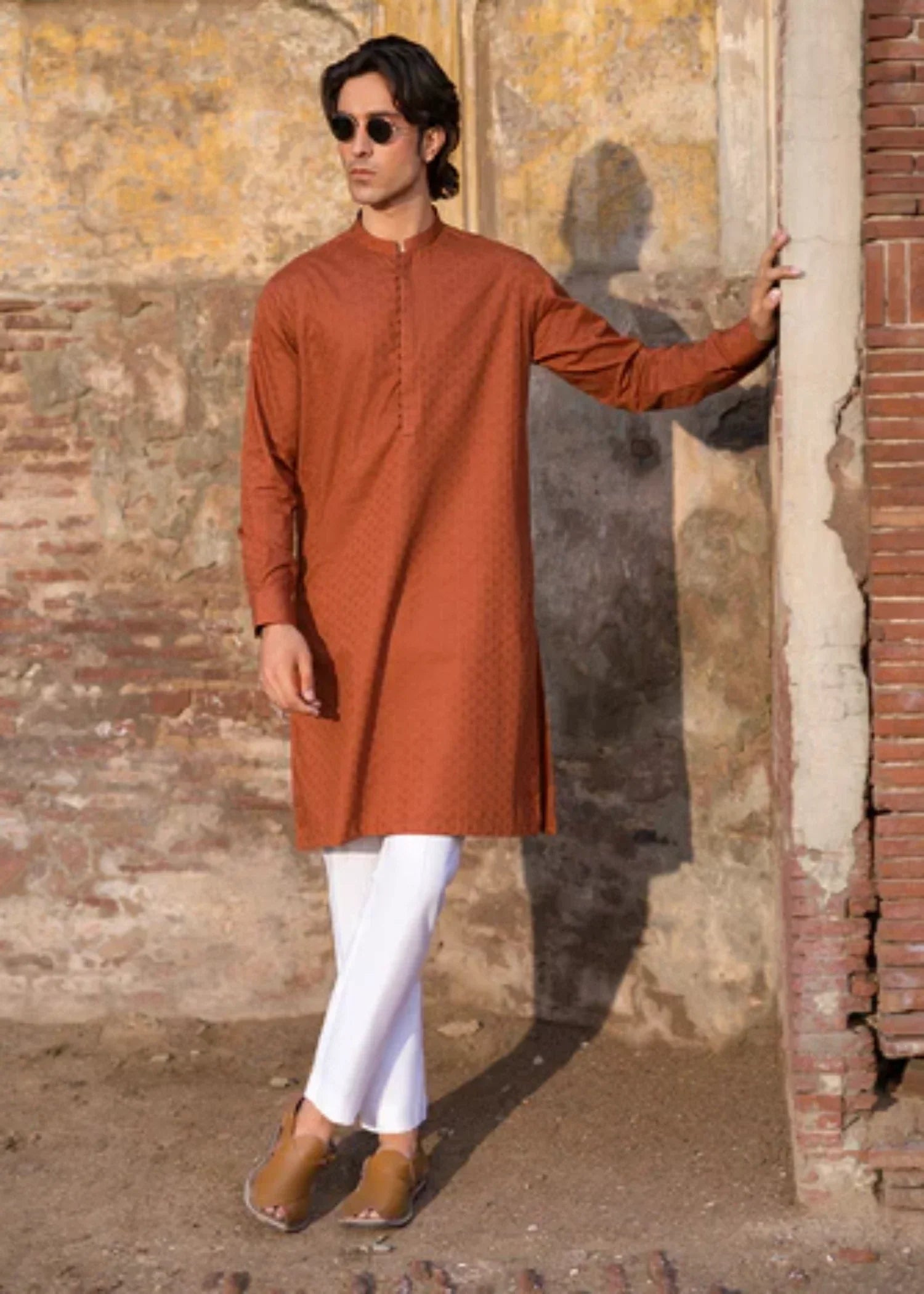 cotton jacquard Kurta in Rust orange