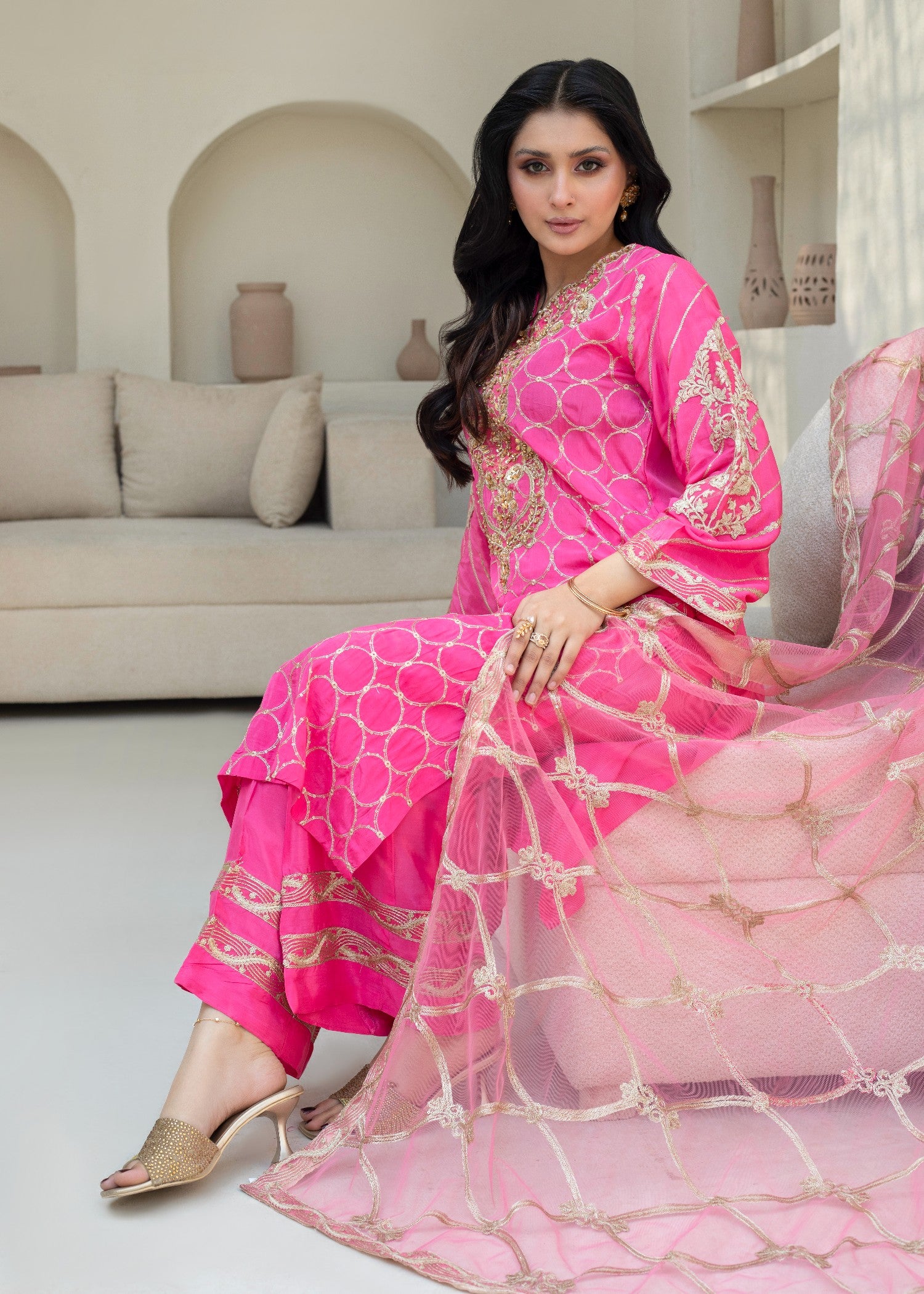 pure silk Kurta Set in Hot pink