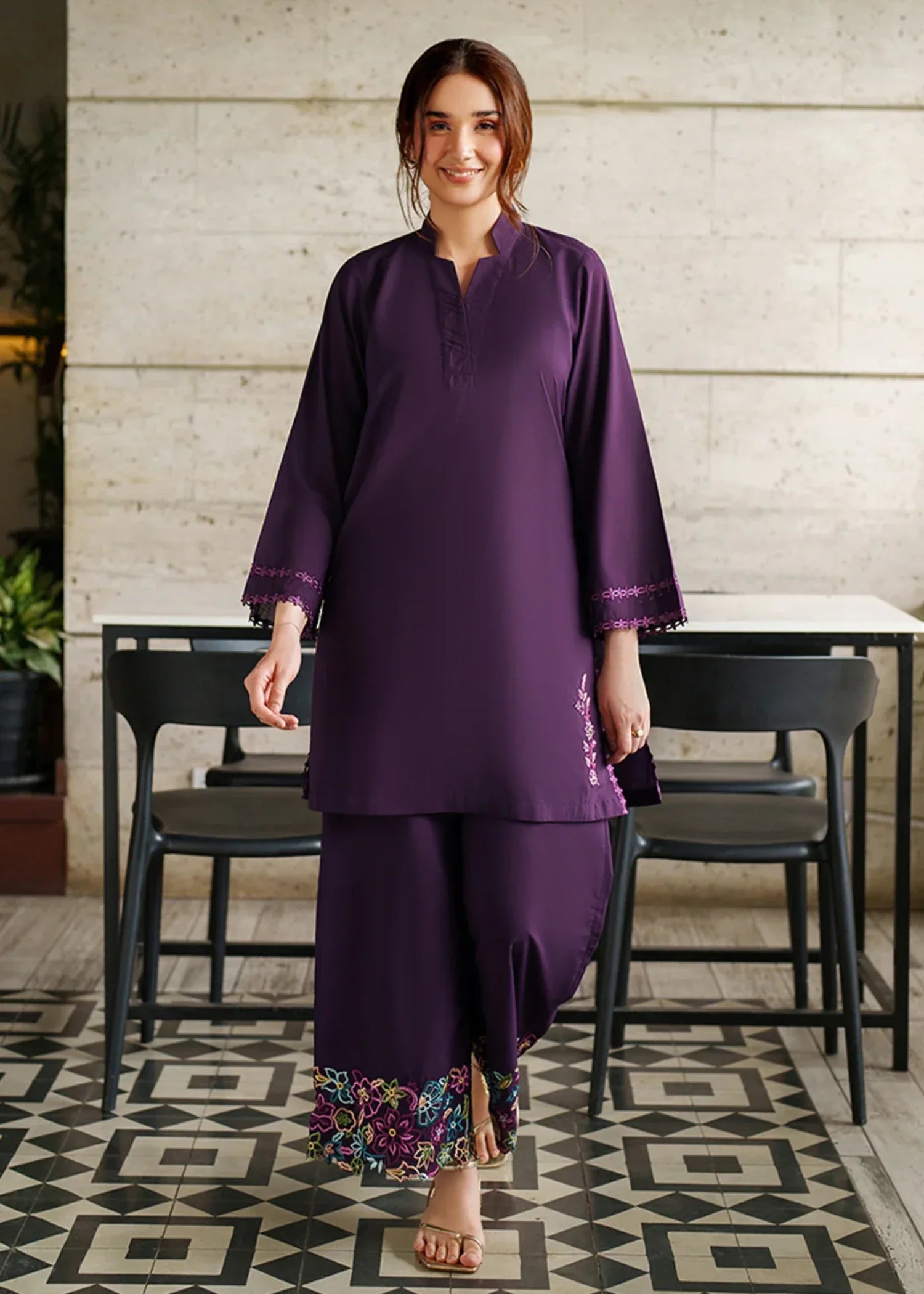 blended satin Kurta Set in Purple
