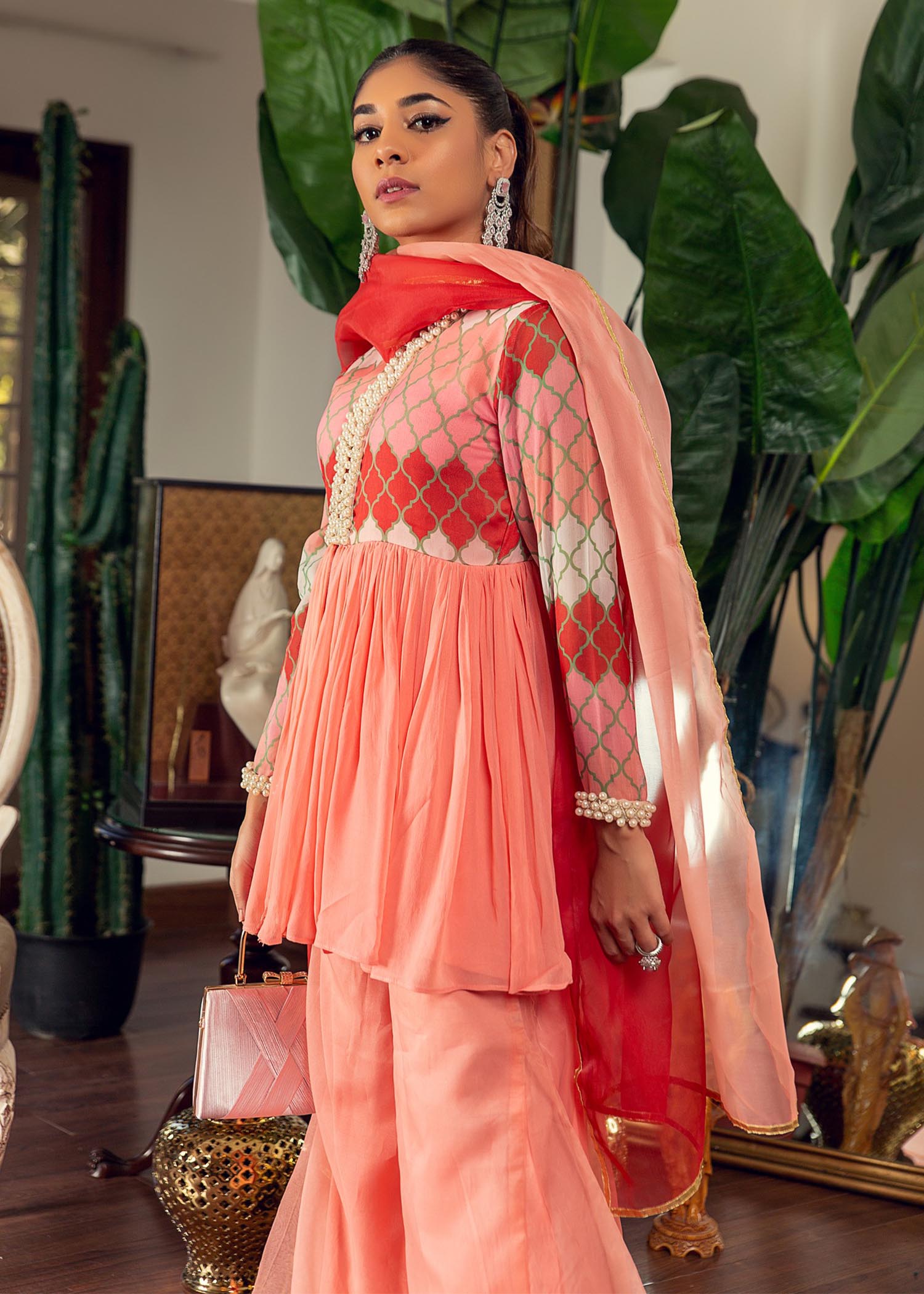 chiffon Short Frock in Coral pink