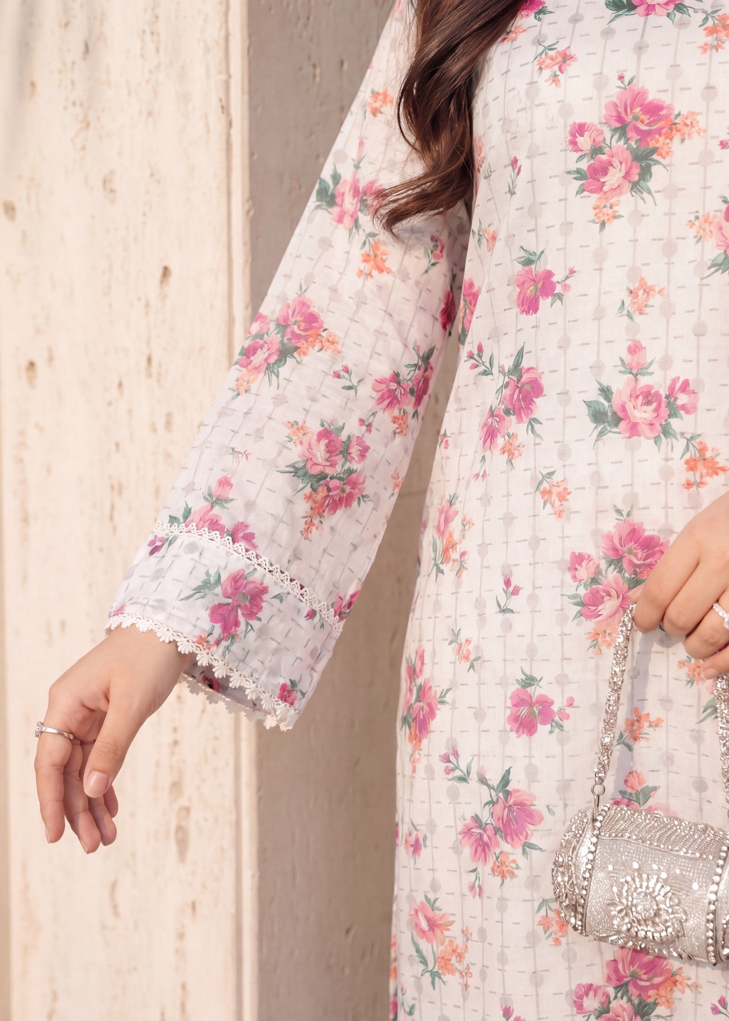 textured lawn Kurta Set in Ivory