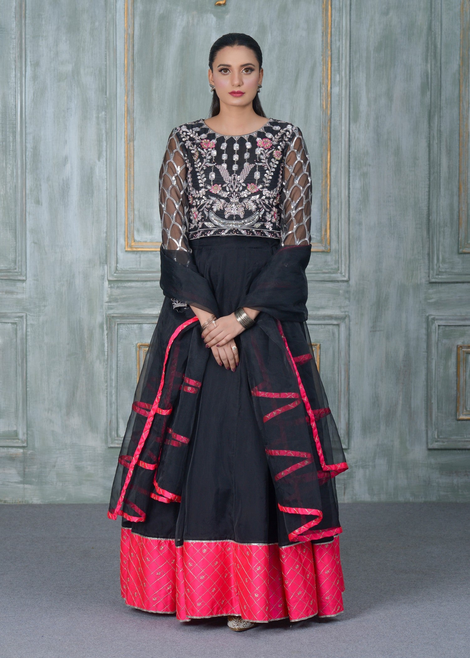 organza Lehenga in Black, hot pink red