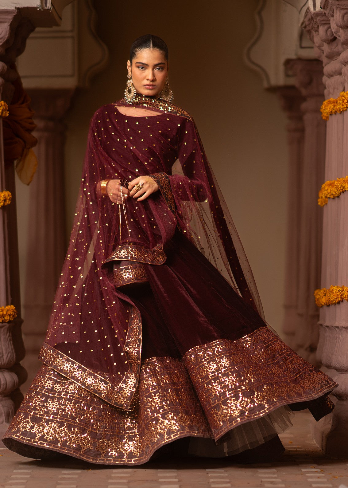 velvet Pishwas in Maroon