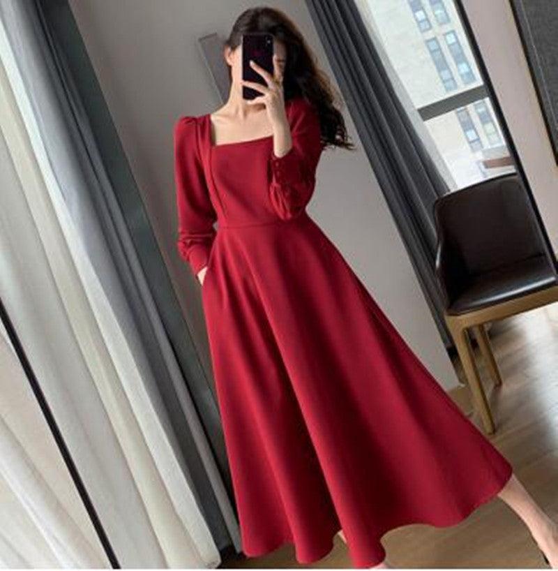 Vintage Hepburn Style Puff Sleeve Waist Slimming Dress for Women