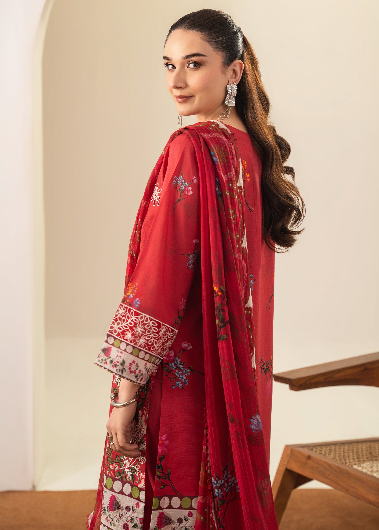 ribbed lawn Kurta Set in Red