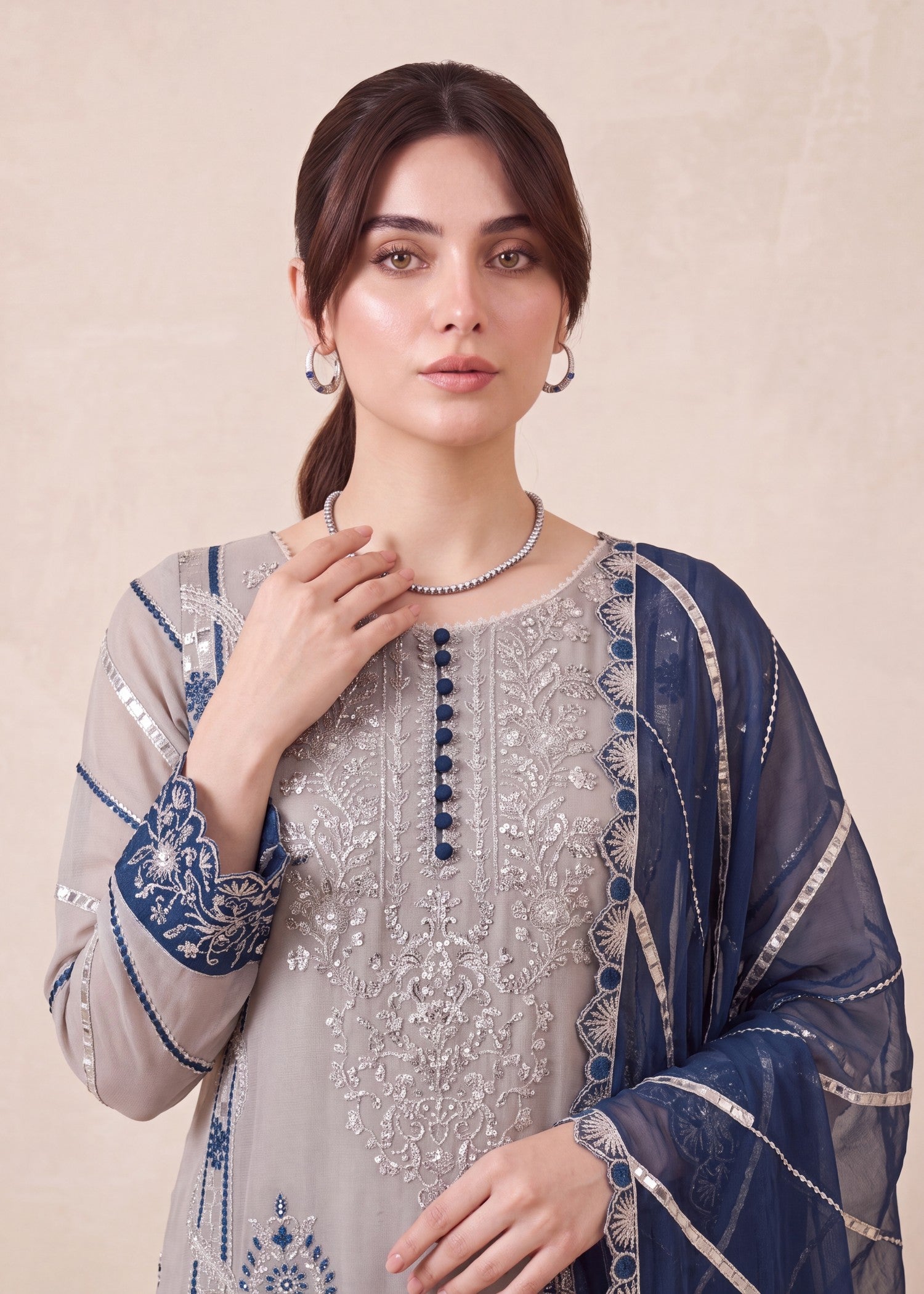 pk crinkle chiffon Kurta Set in Aegean blue, pastel grey