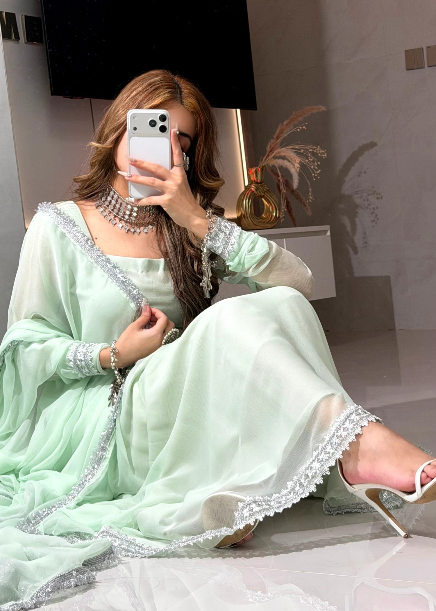 bemberg crinkle chiffon Maxi in Tea green