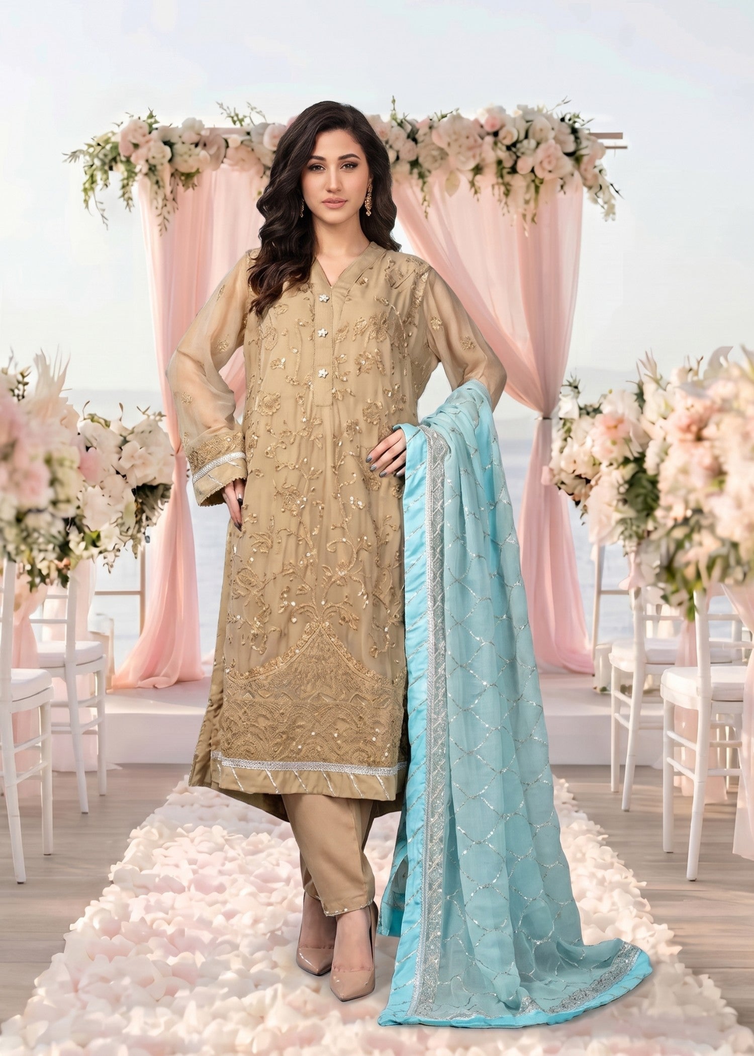 chiffon Kurta Set in Sand brown