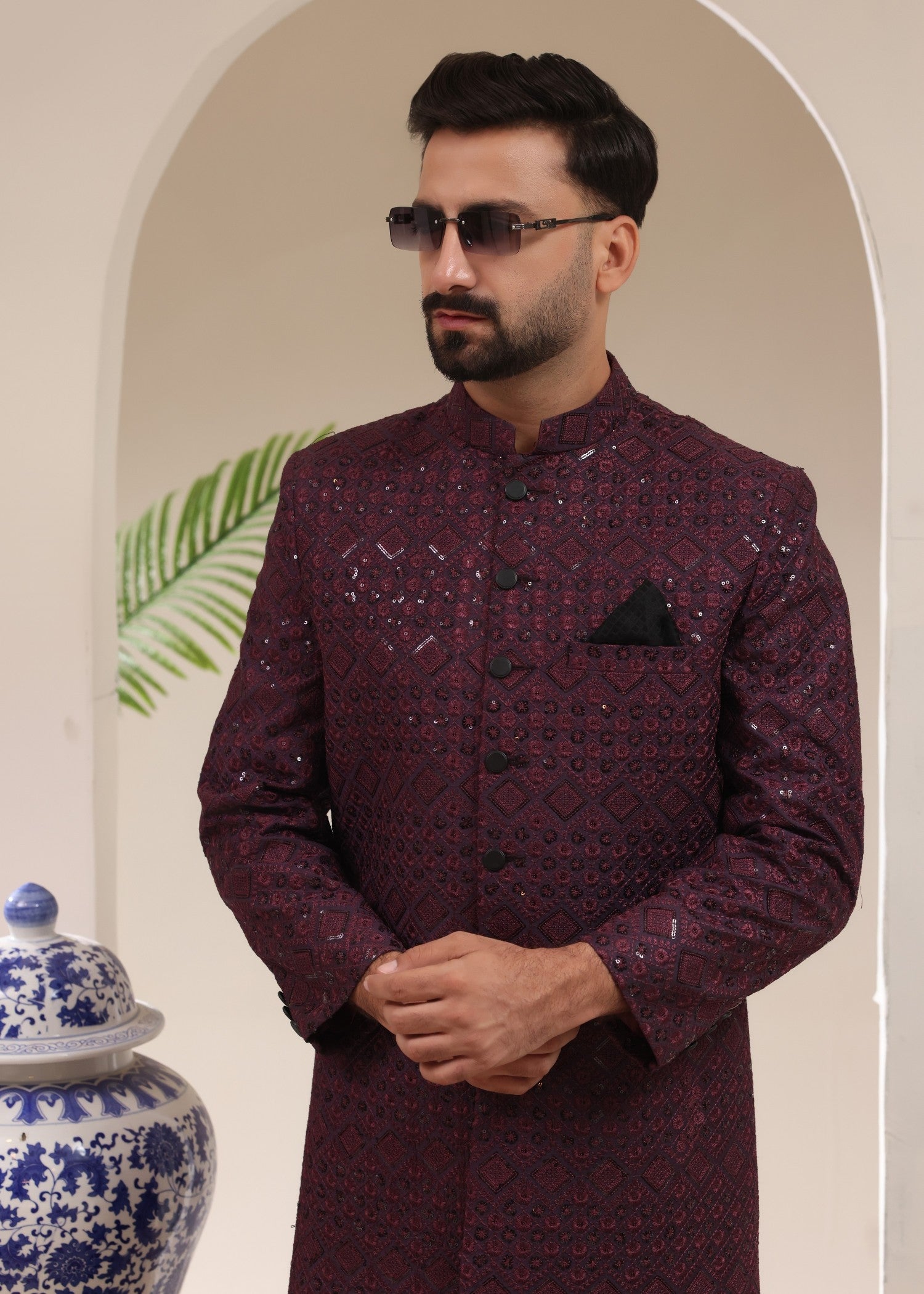 jamawar Sherwani in Purple heart