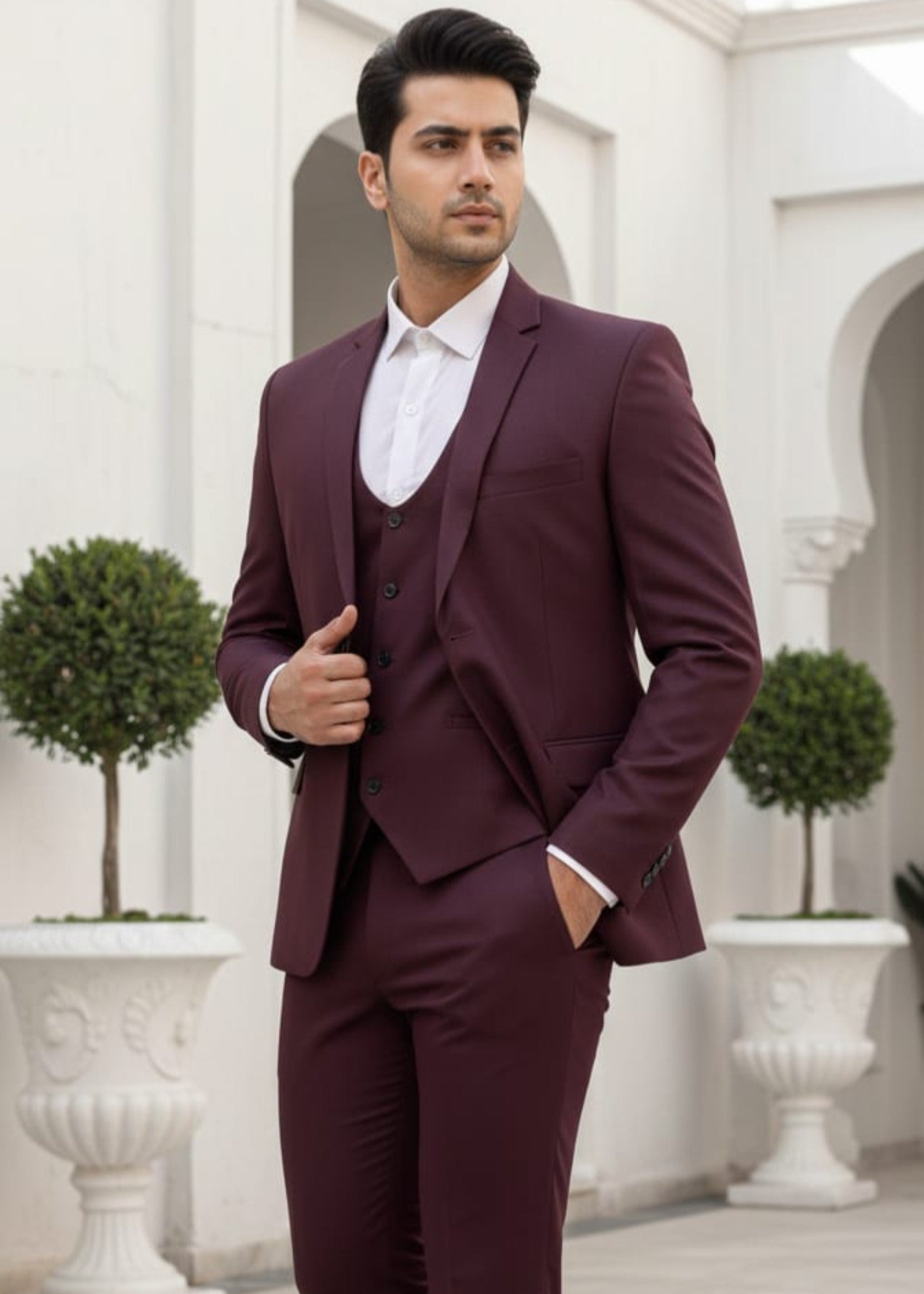 tropical Suits in Burgundy