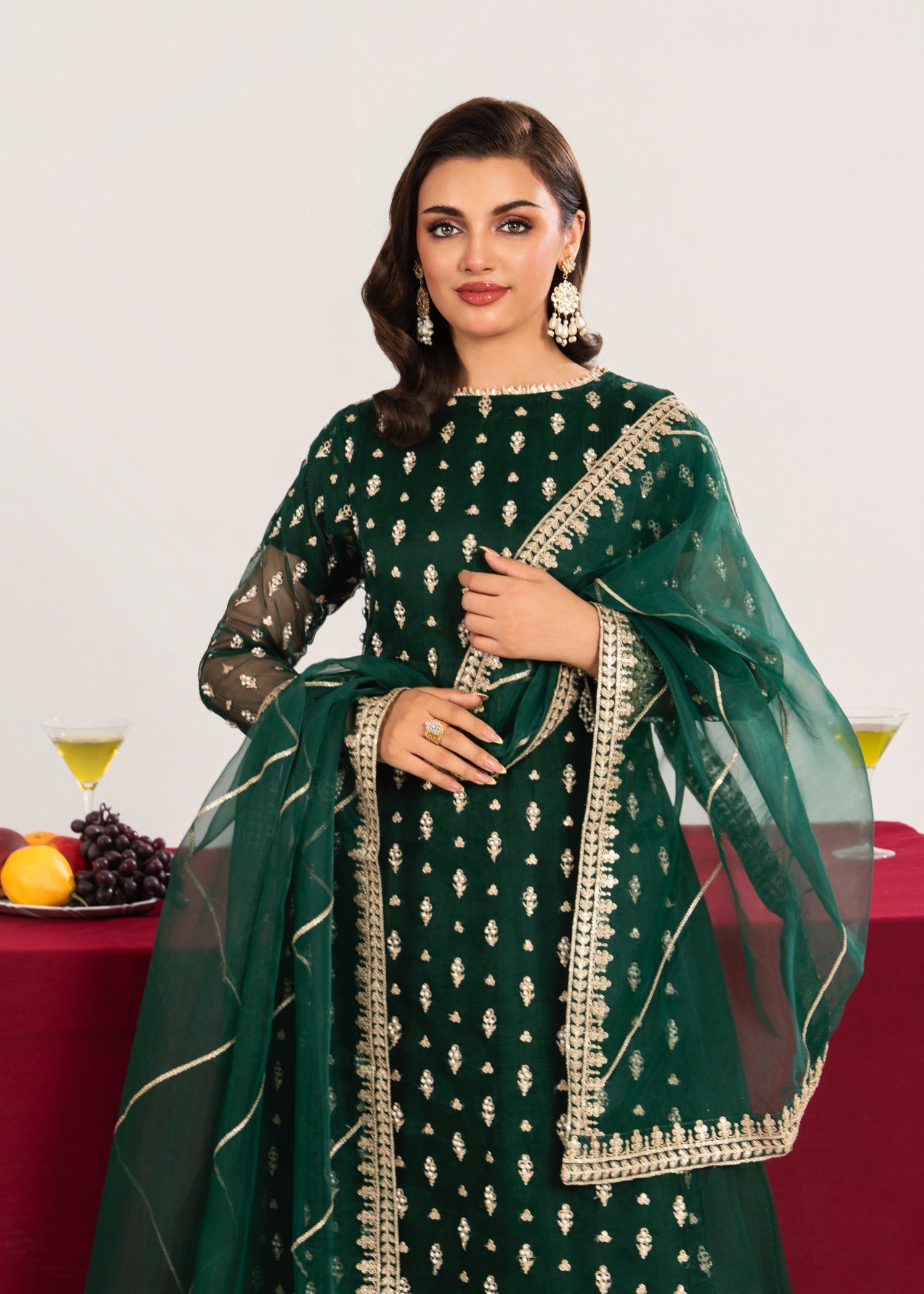 kattan silk Pishwas in Dark green