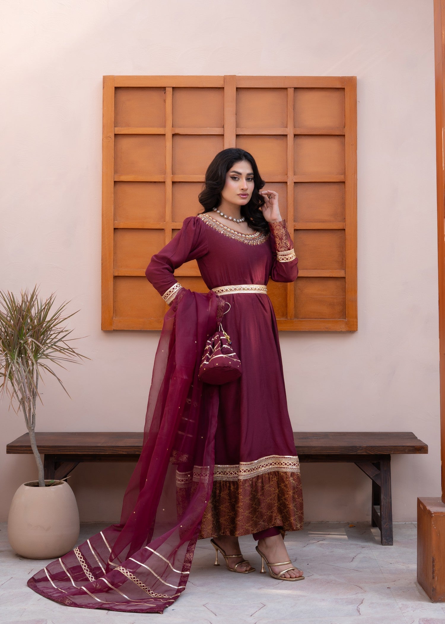 raw silk Maxi in Maroon