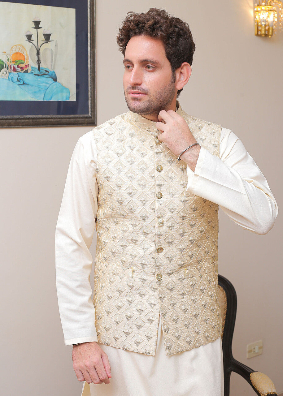 banarsi silk Waistcoat in Cream
