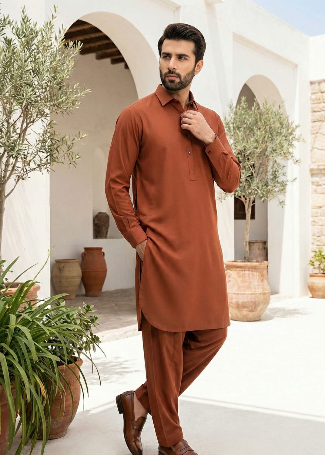 wash & wear Shalwar Kameez in Rust orange