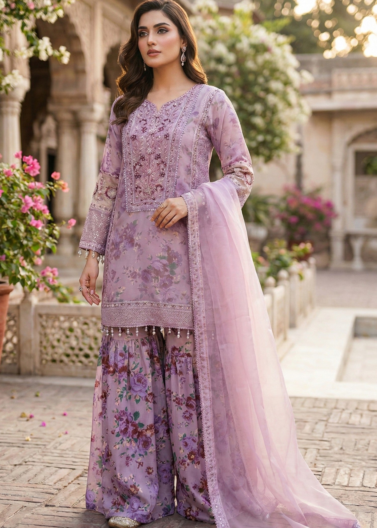 organza Gharara in Lavender mist
