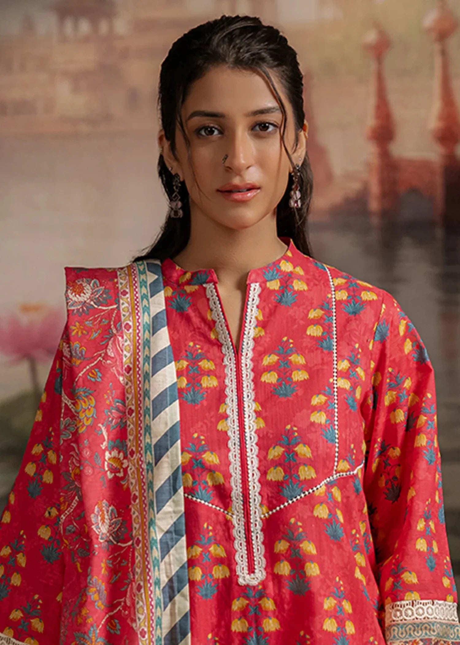 khaddar Unstitched in Coral red