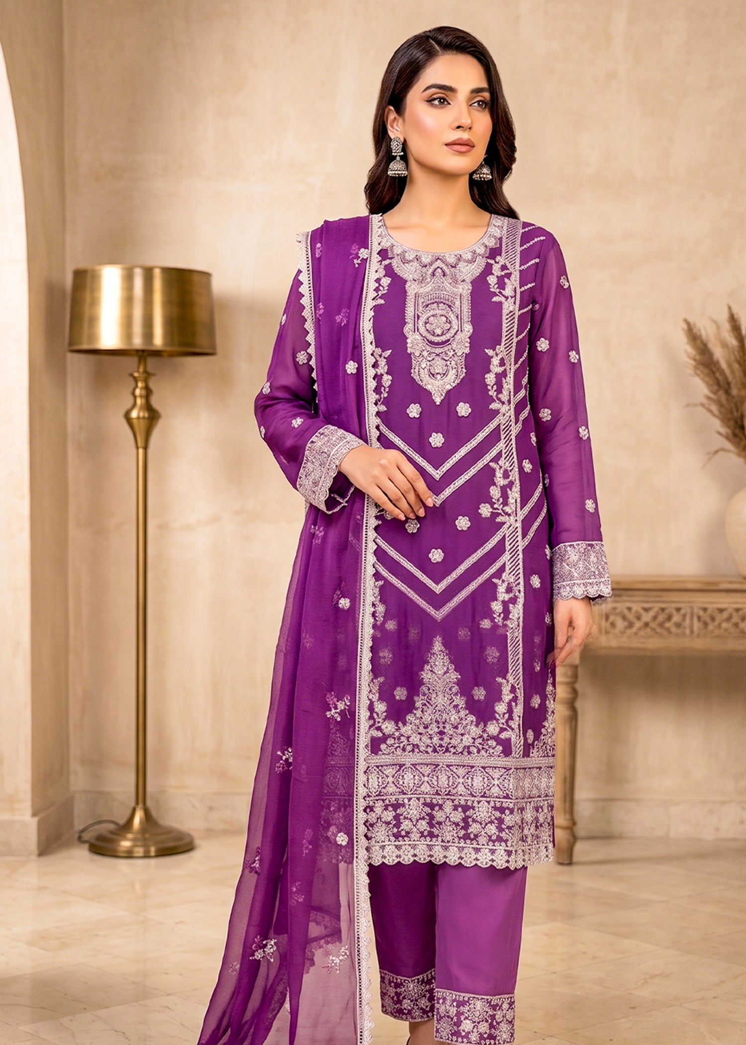 chiffon Kurta Set in Violet