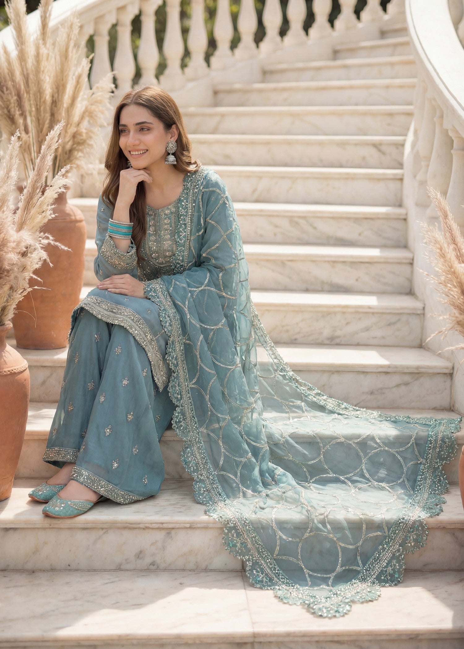 organza Gharara in Steel blue