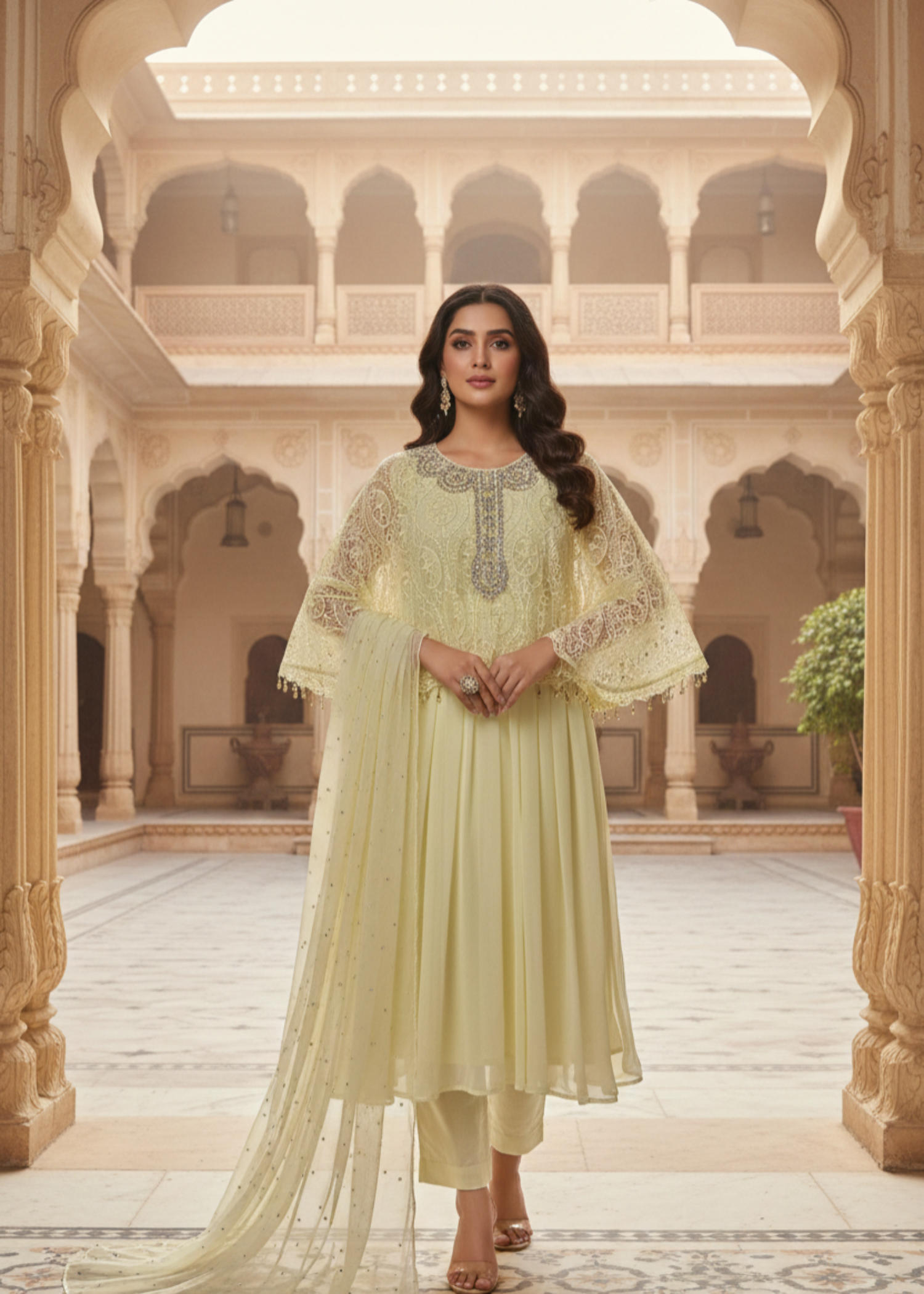 chiffon Pishwas in Yellow
