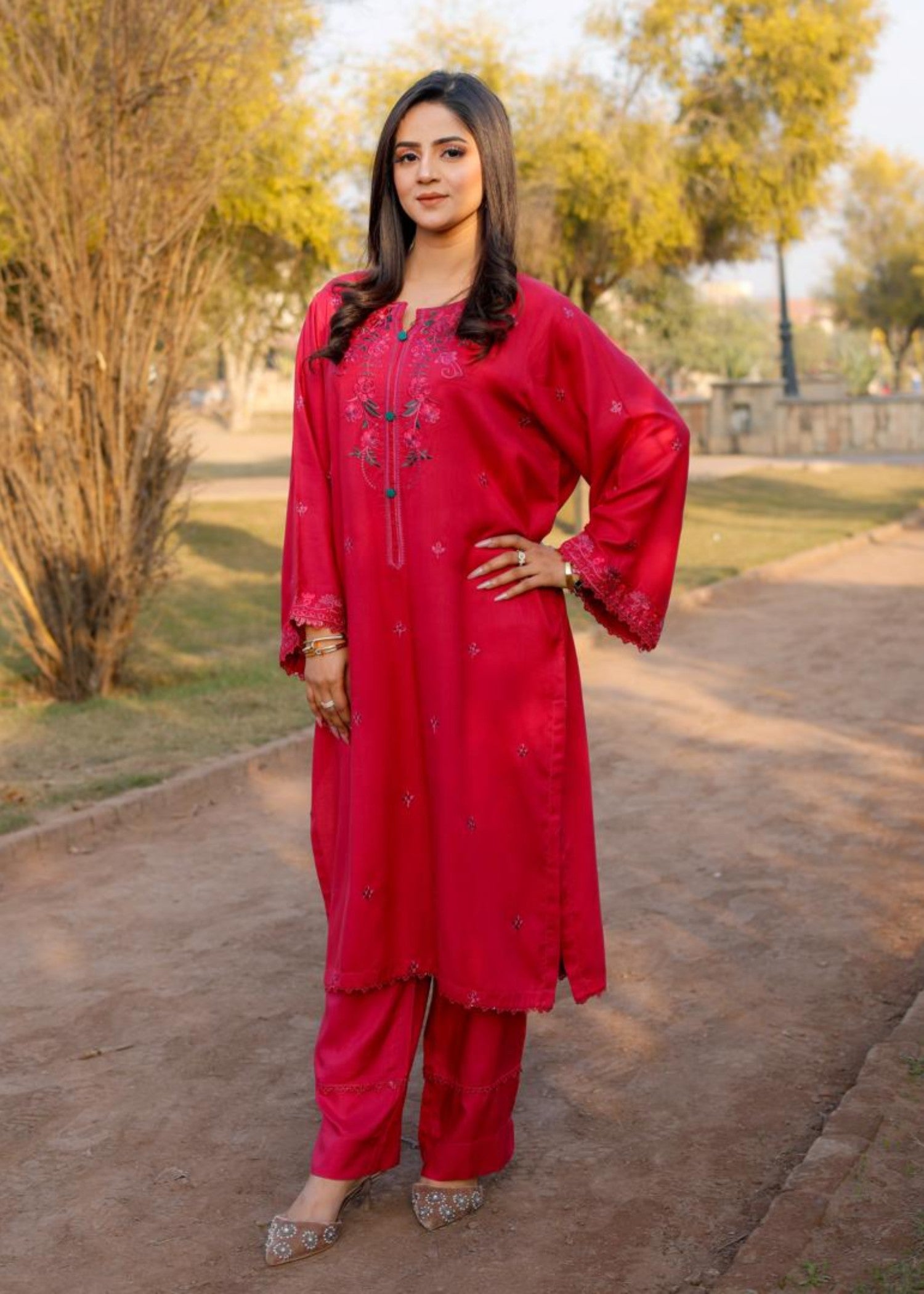 linen Kurta Set in Vivid pink