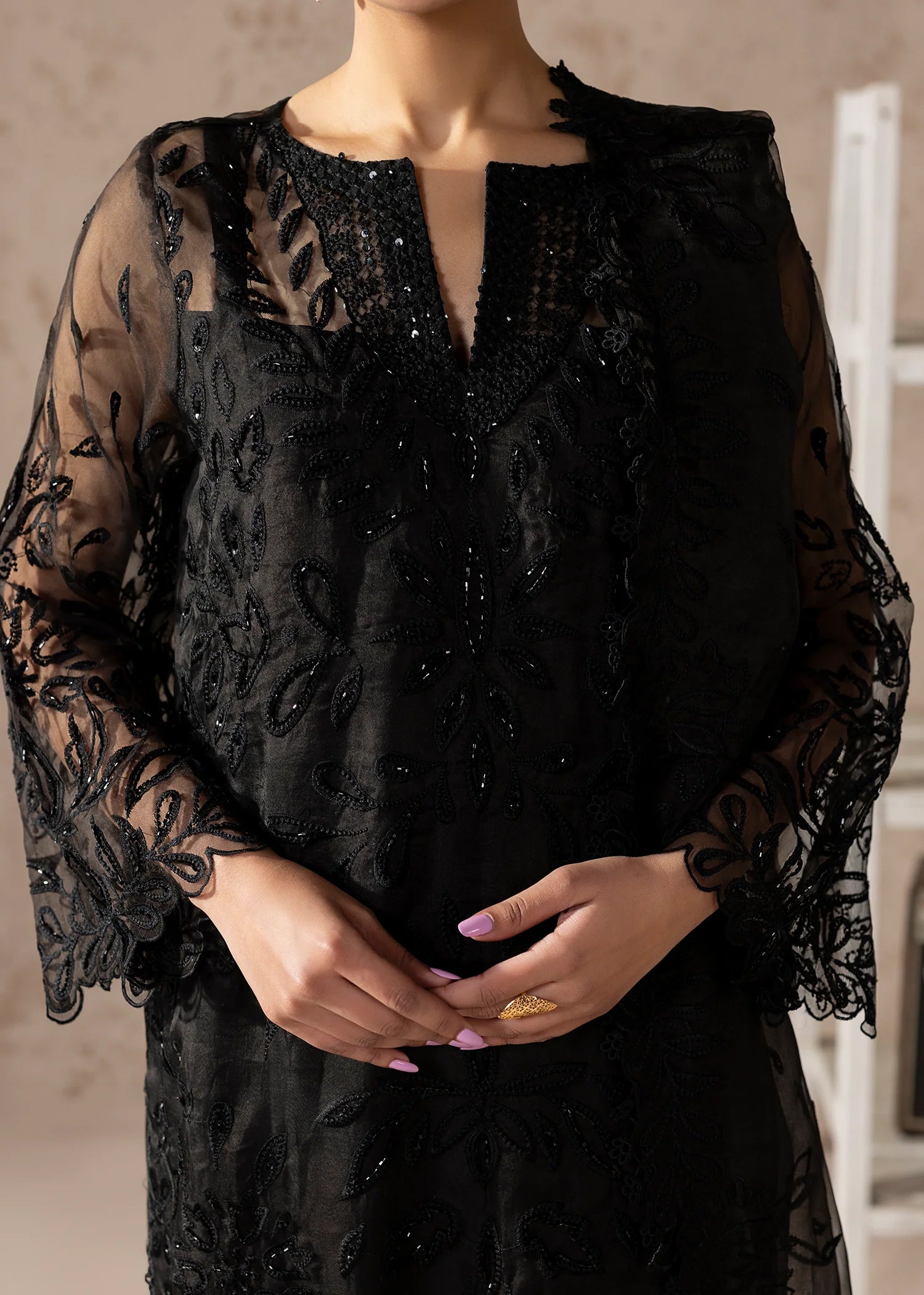 tissue Kurta Set in Black