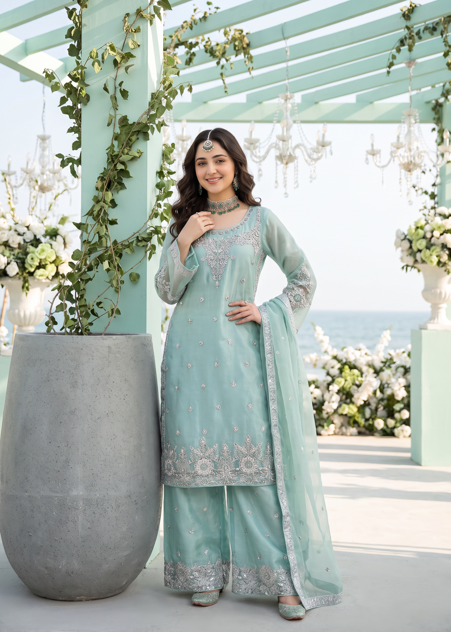 organza Kurta Set in Aquamarine