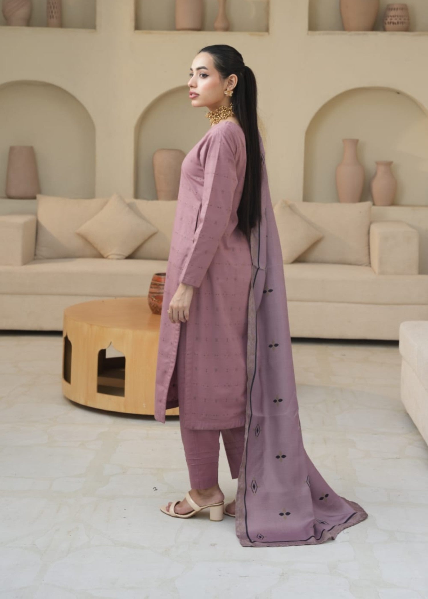 khaddar Kurta Set in Mauve pink