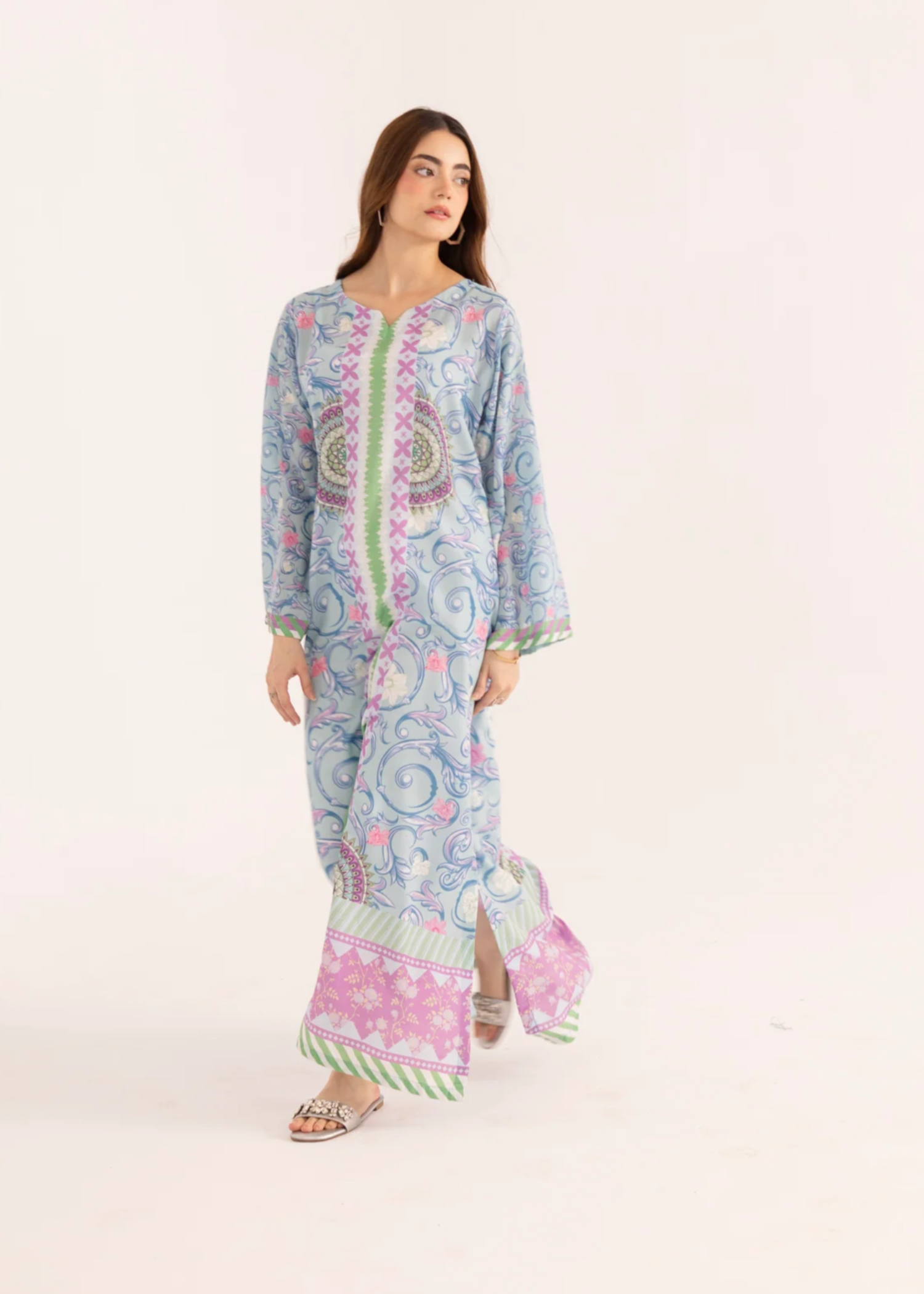 silk finish lawn Kaftan in Ice blue