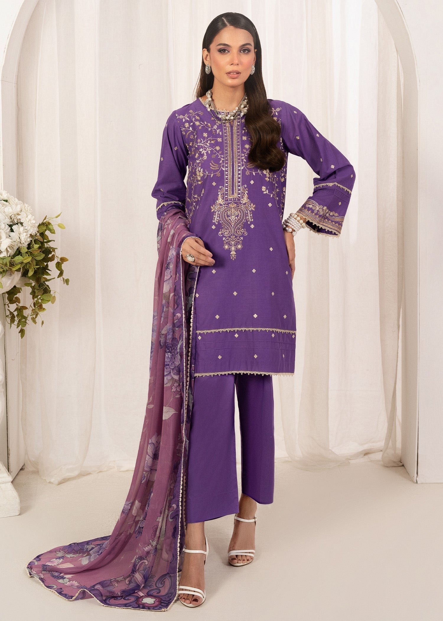 cambric cotton Kurta Set in Purple