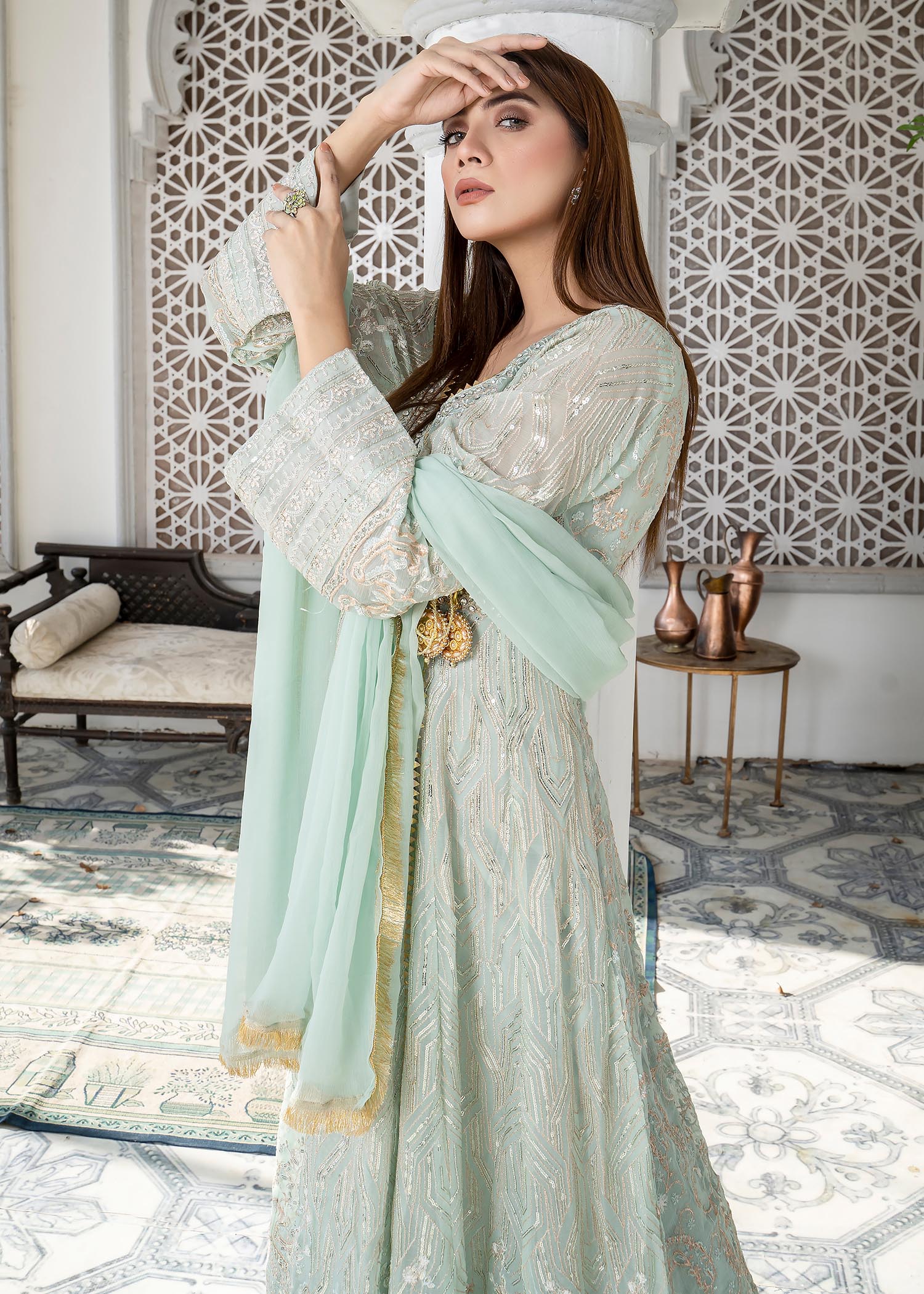 chiffon Angrakha in Aquamarine