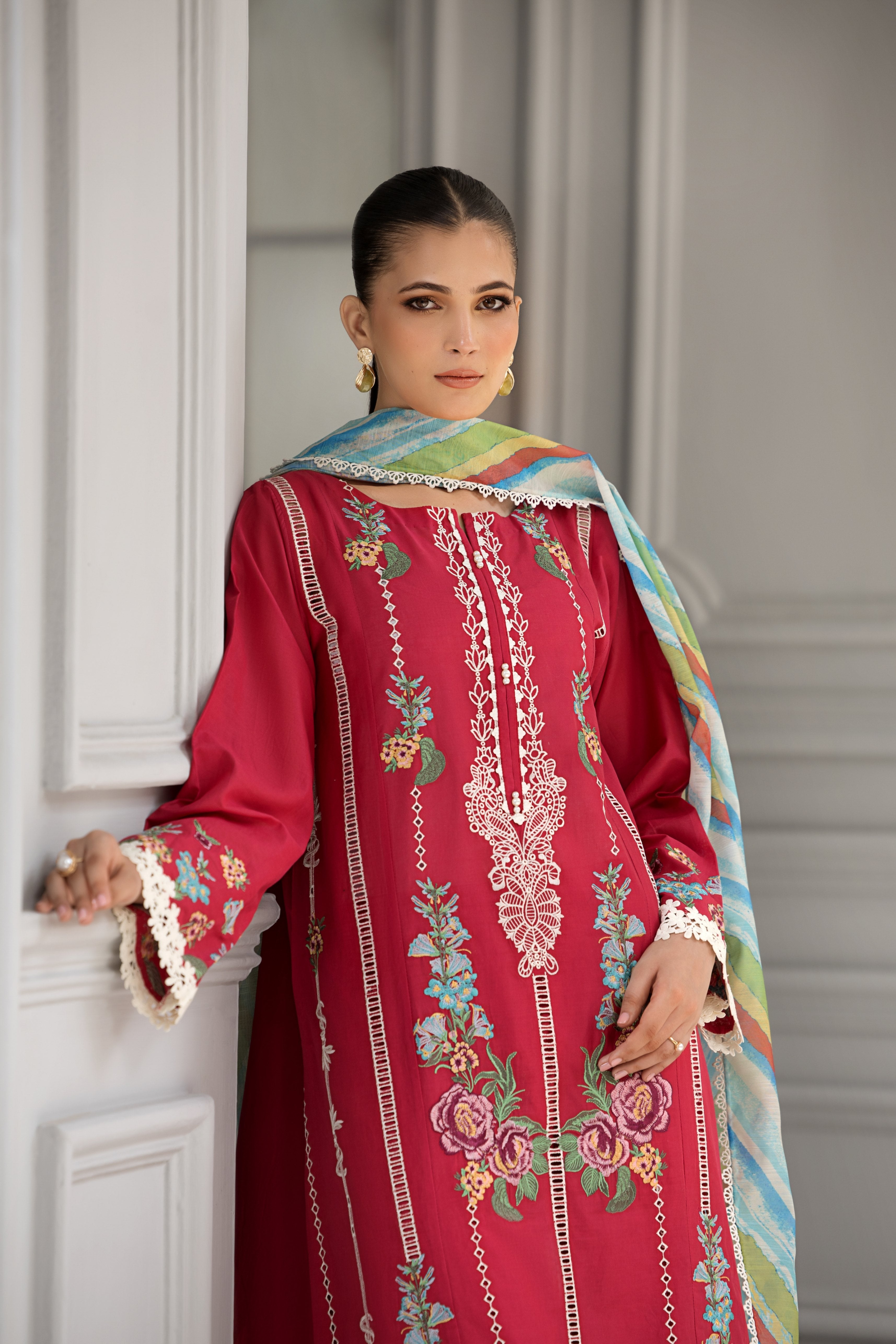 lawn Kurta Set in Deep carmine