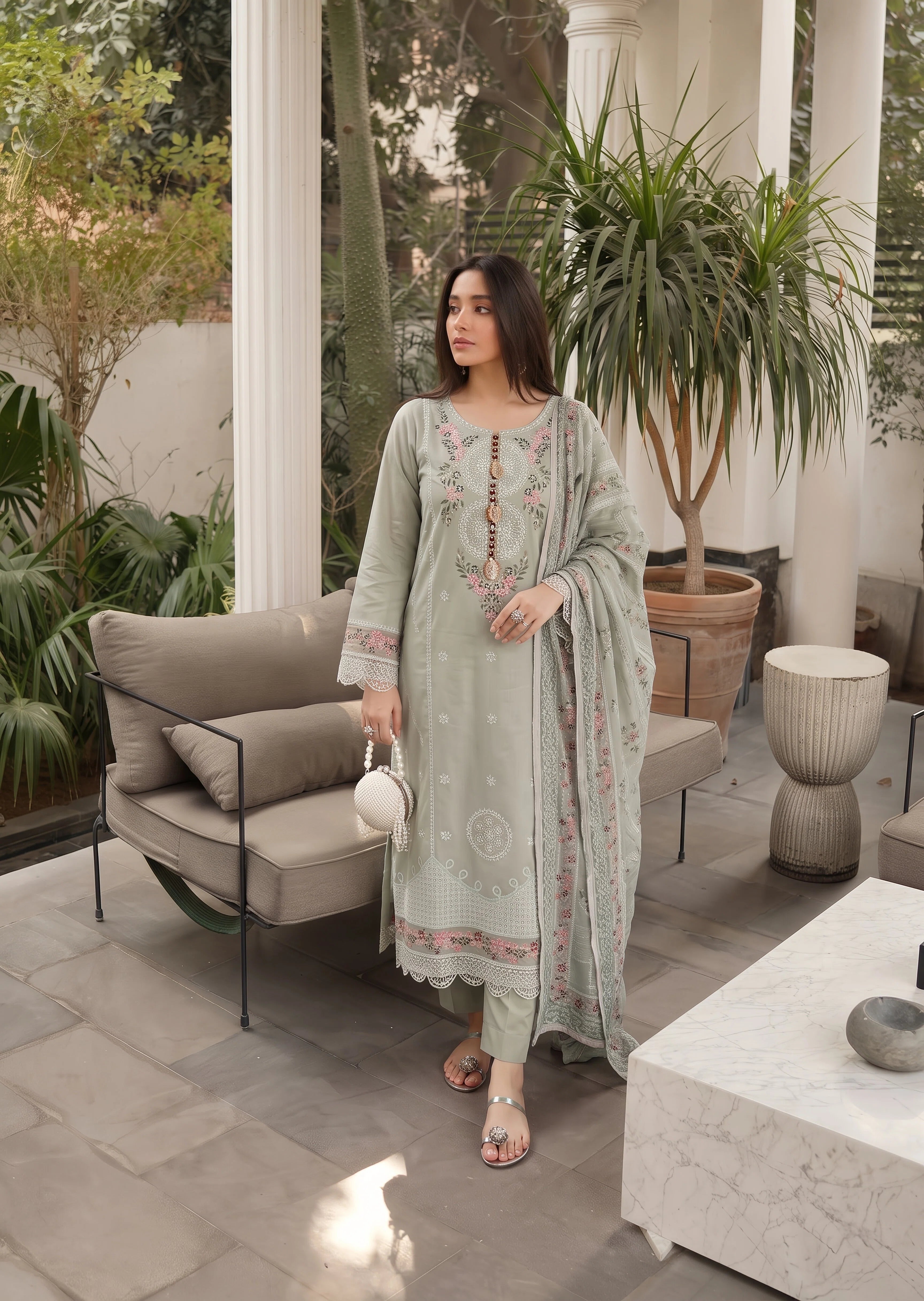 cotton linen Kurta Set in Ash grey